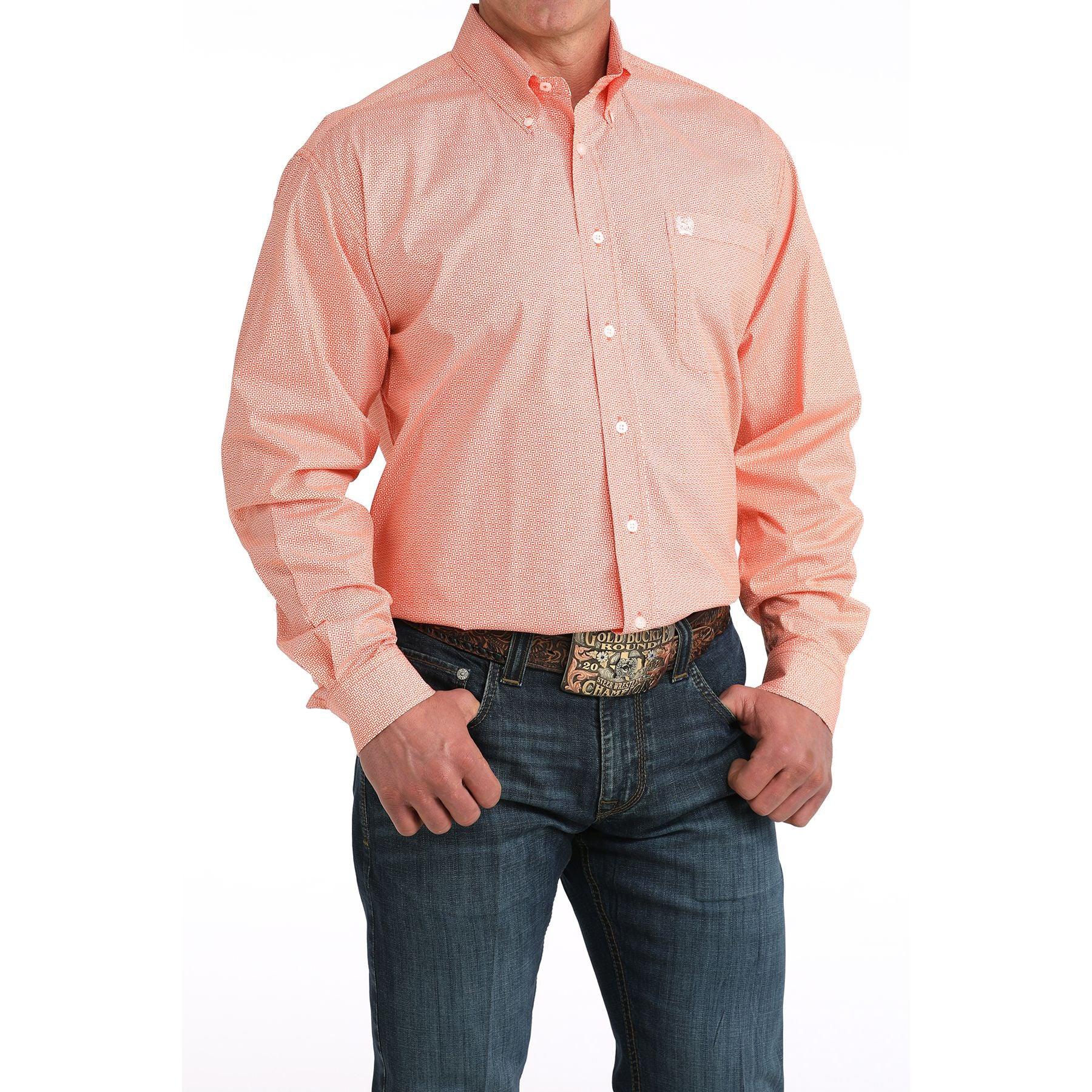 Men's Cinch Orange Long Sleeve Printed Button Down Shirt MTW1106058