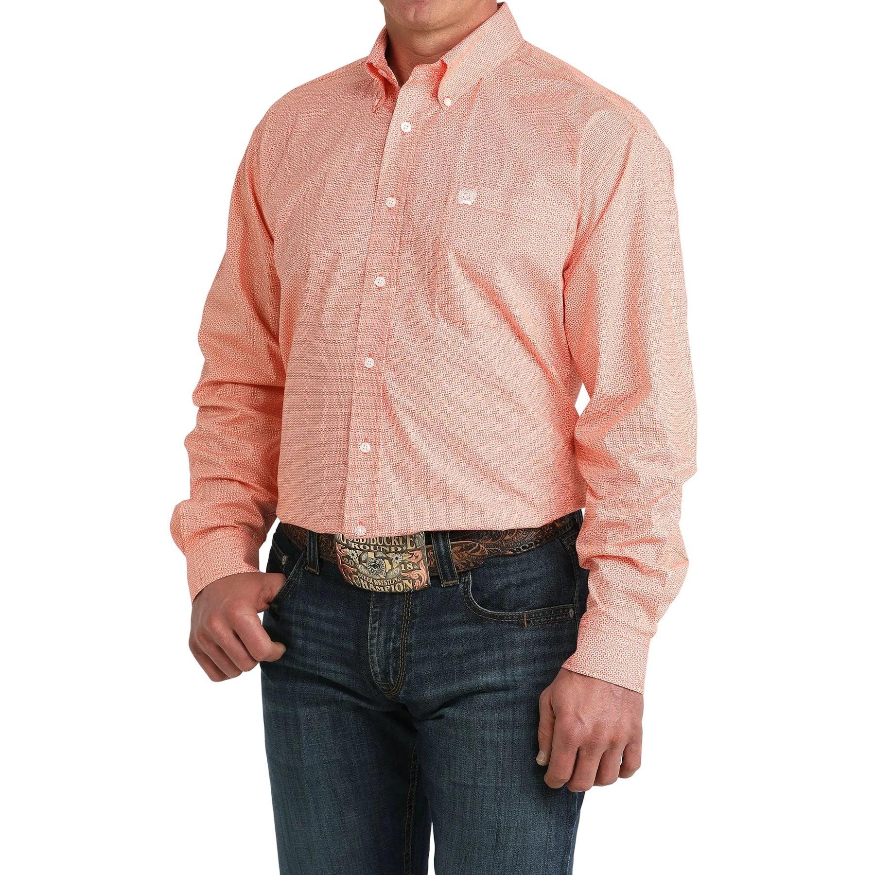 Men's Cinch Orange Long Sleeve Printed Button Down Shirt MTW1106058