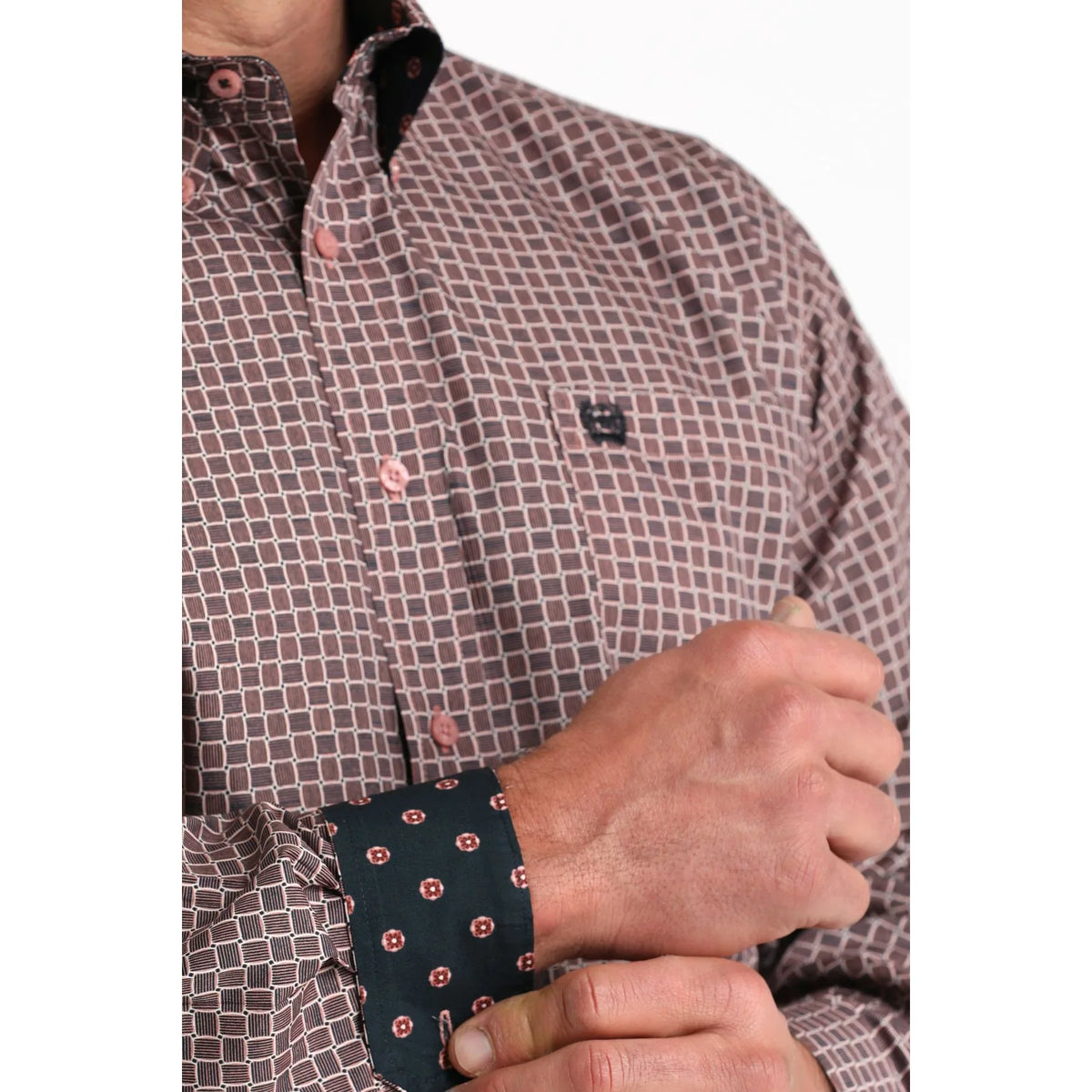 Men's Cinch Pink Square Stitch Print Classic Fit Button-down Western Shirt MTW1106016