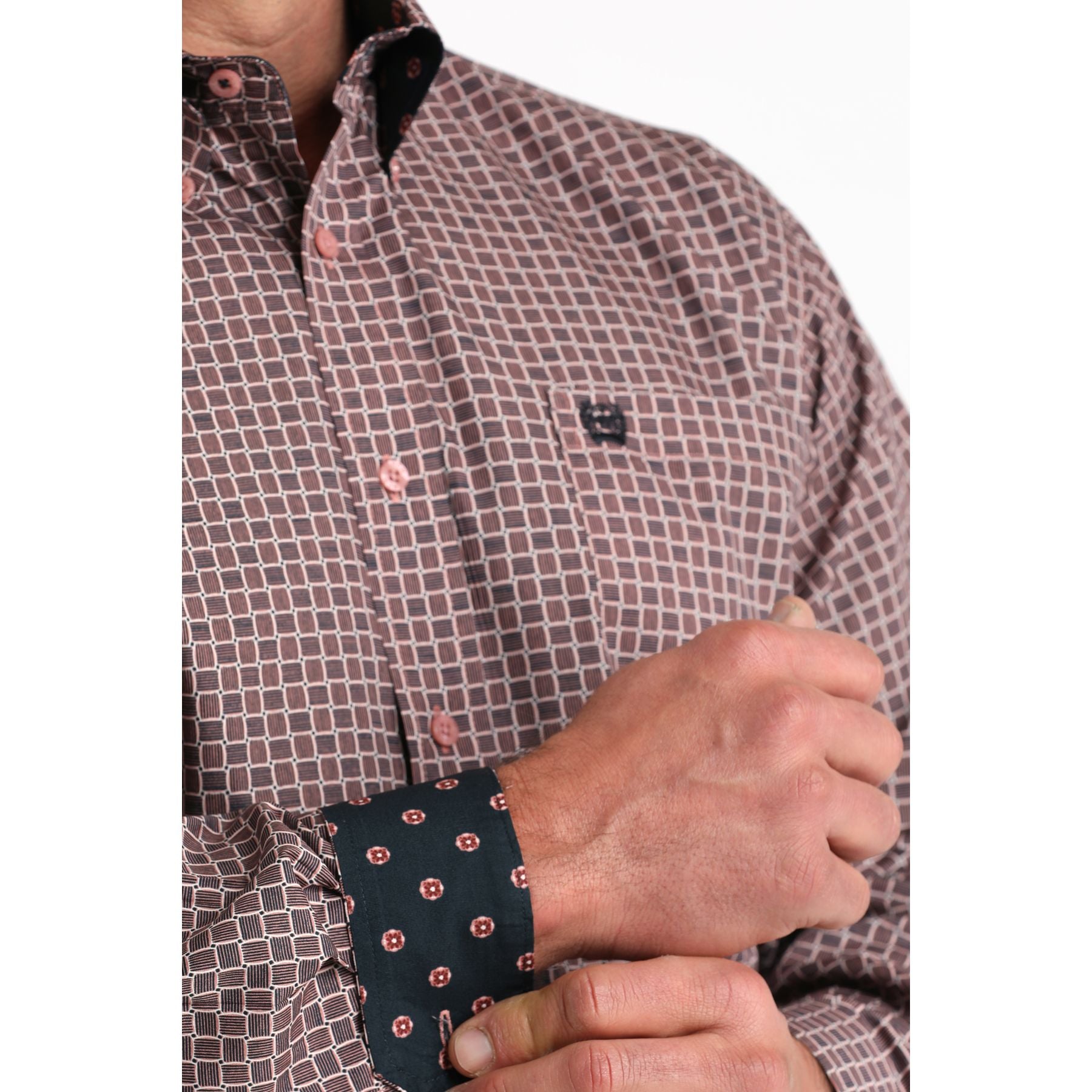 Men's Cinch Pink Square Stitch Print Classic Fit Button-down Western Shirt MTW1106016