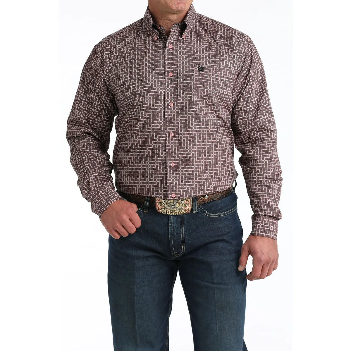 Men's Cinch Pink Square Stitch Print Classic Fit Button-down Western Shirt MTW1106016