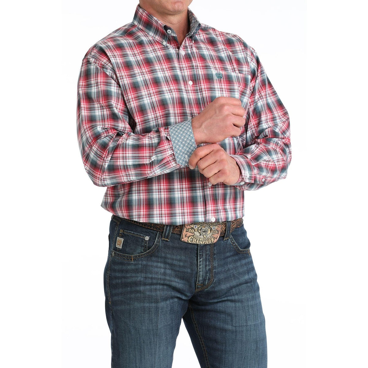 Men's Cinch Red and Black Plaid Long Sleeve Western Shirt MTW1106047