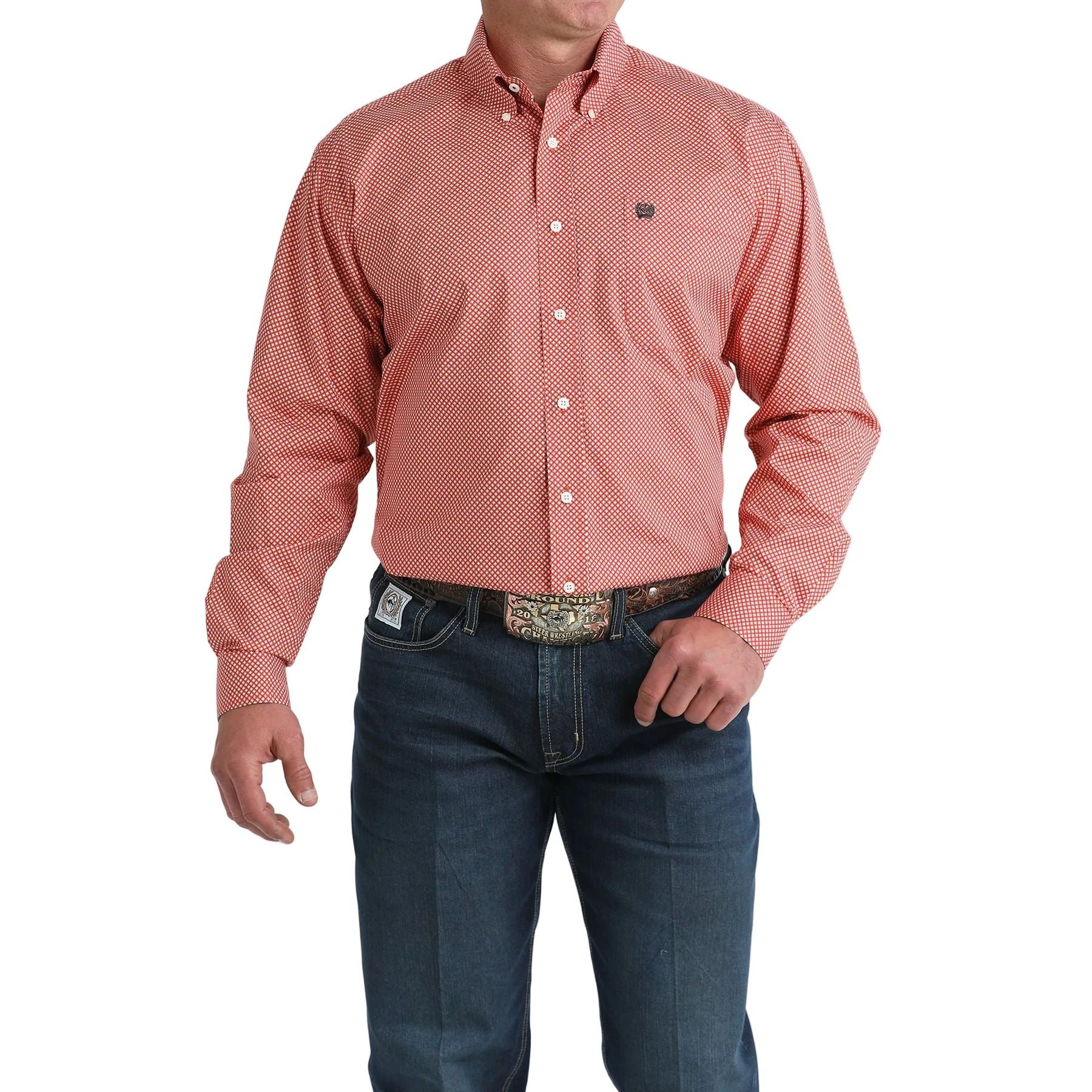 Men's Cinch Red Geo Print Button Down Shirt MTW1106041