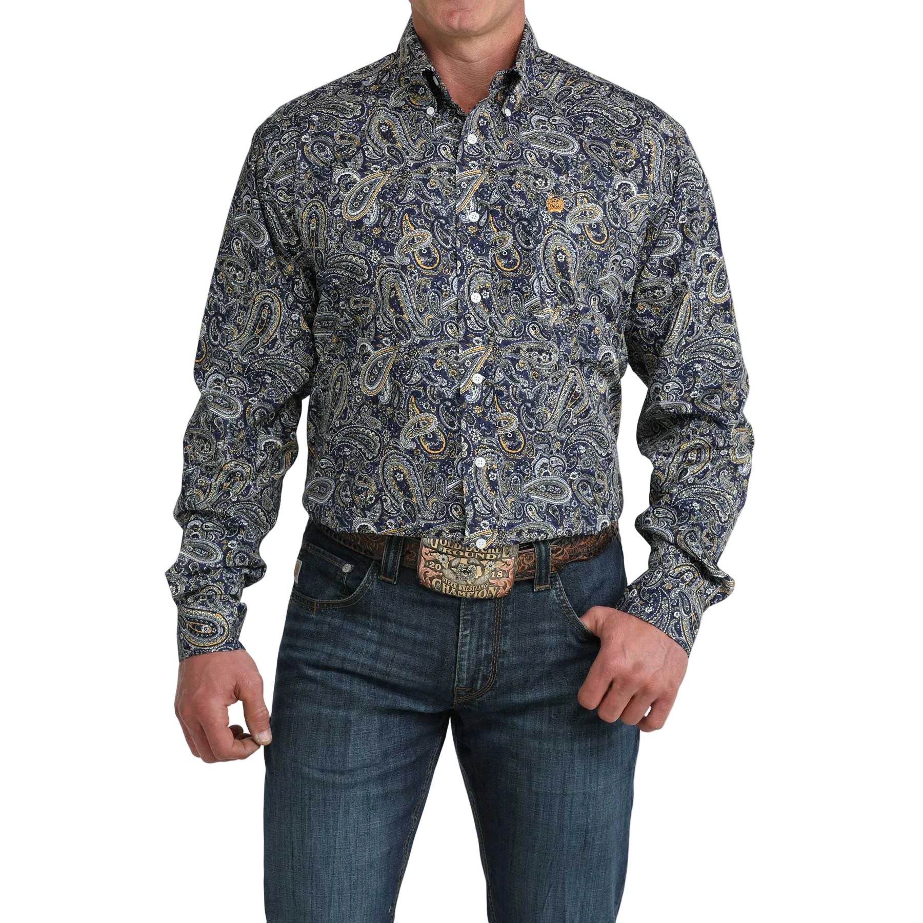Men's Cinch Royal Blue Paisley Print Button Down Shirt MTW1106072