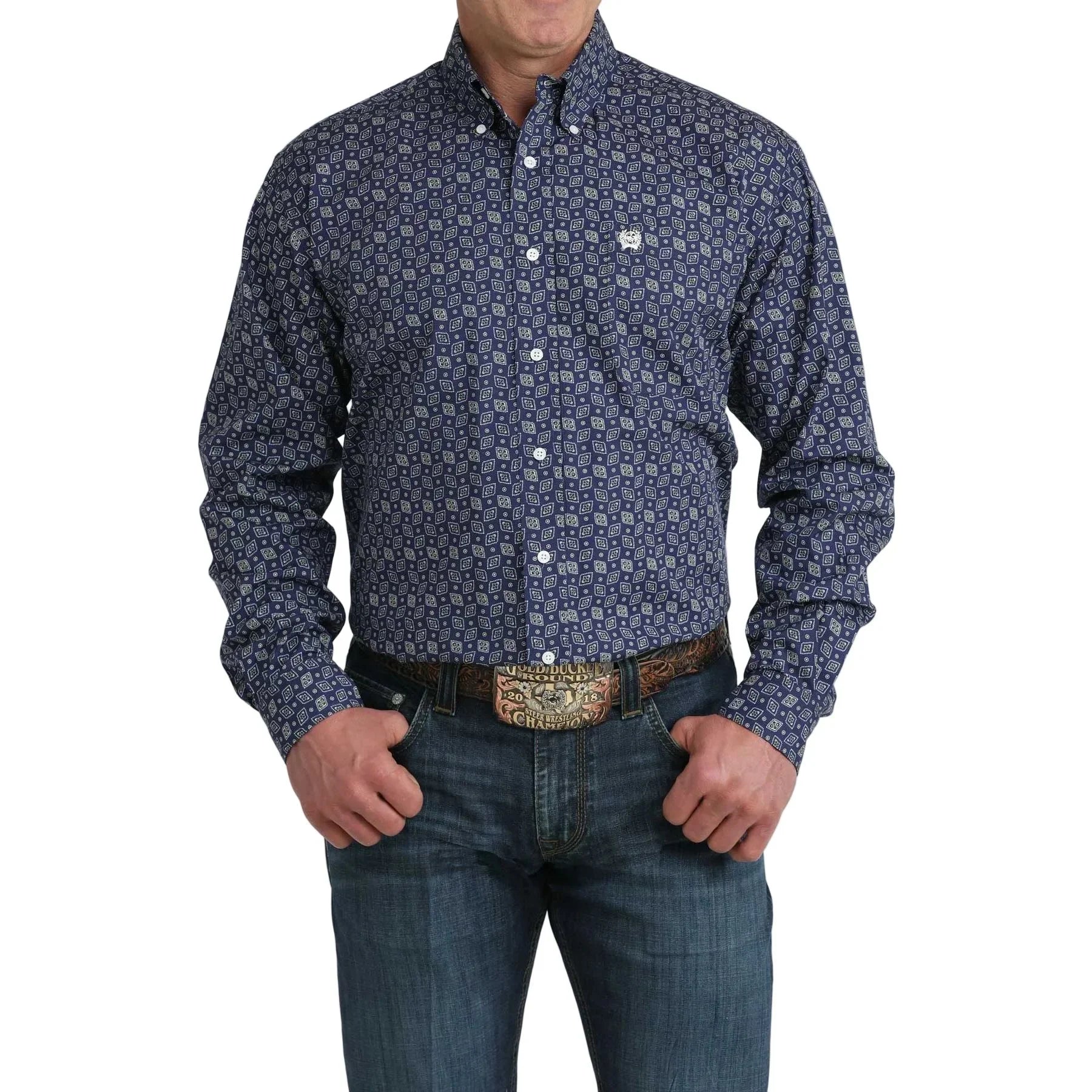 Men's Cinch Royal Blue Printed Button Down Shirt MTW1106075