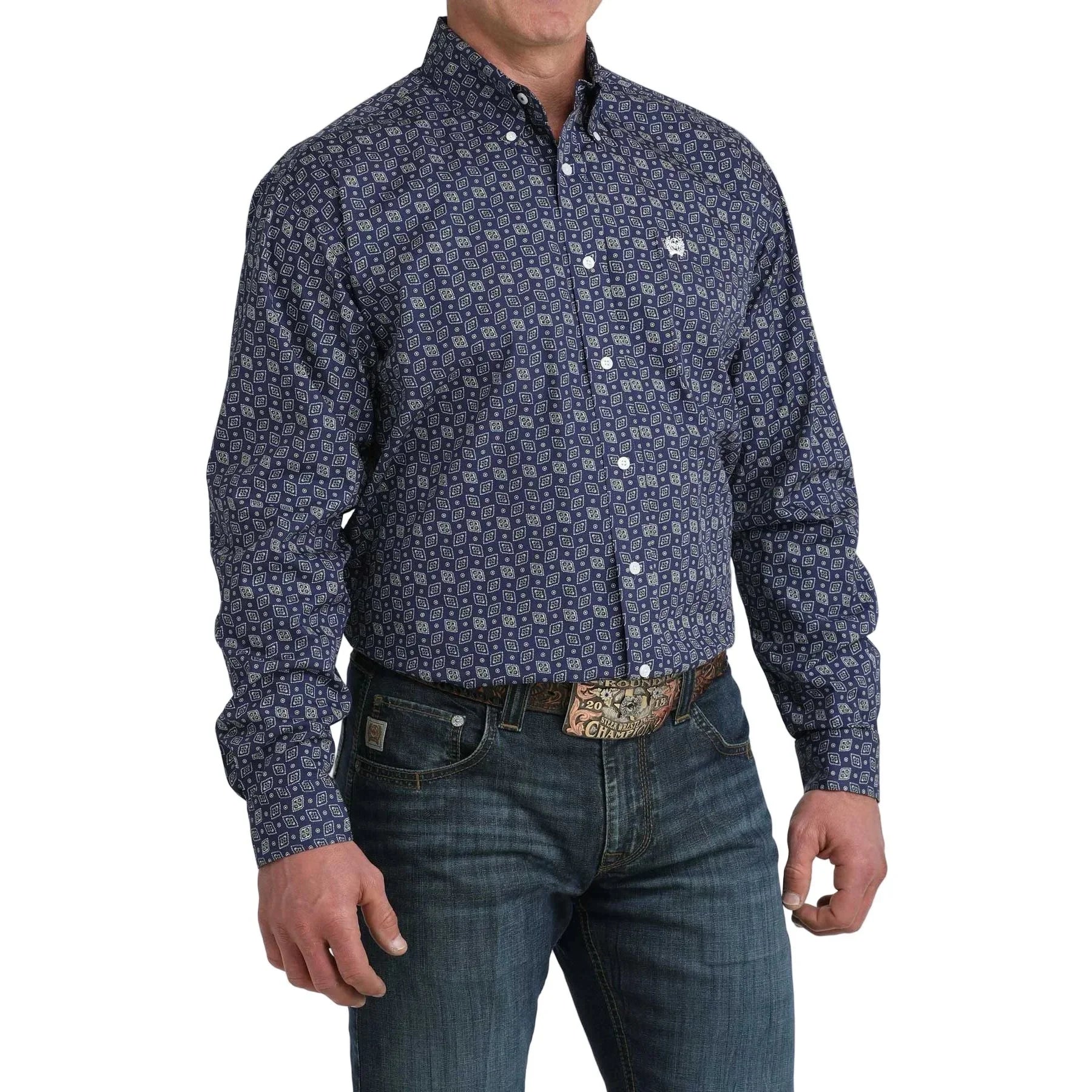 Men's Cinch Royal Blue Printed Button Down Shirt MTW1106075