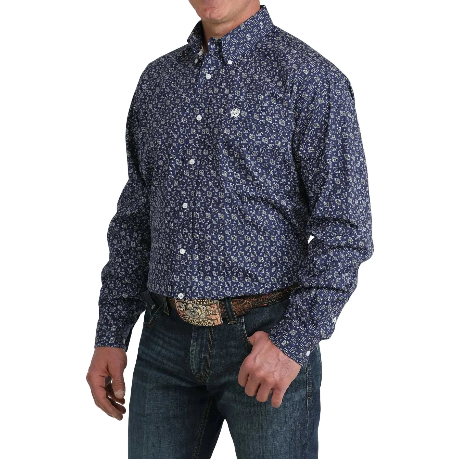 Men's Cinch Royal Blue Printed Button Down Shirt MTW1106075