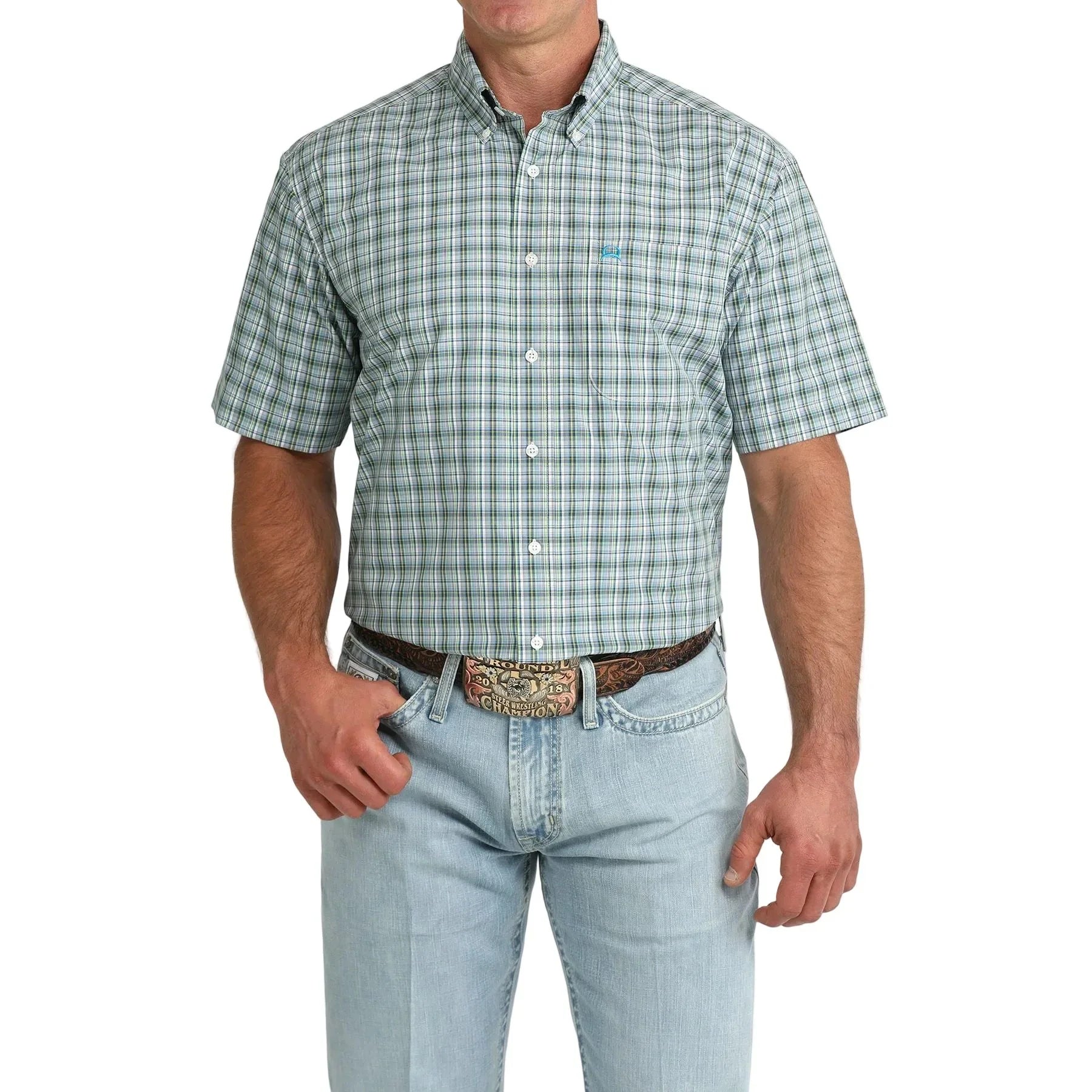 Men's Cinch Short Sleeve Arenaflex Plaid Button Down Shirt MTW1704169