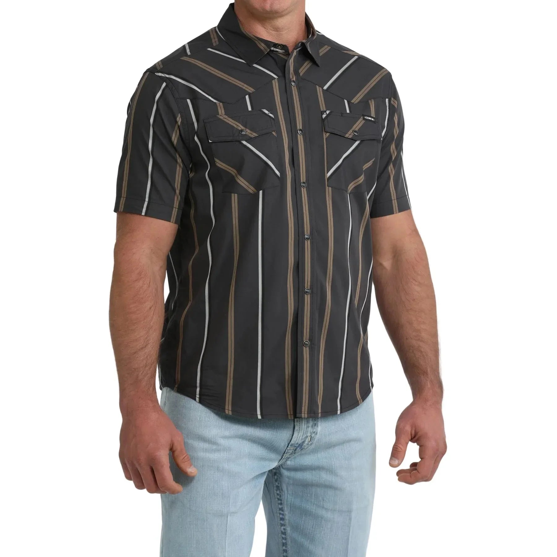 Men's Cinch Short Sleeve Black Striped Camp Shirt MTW1402016