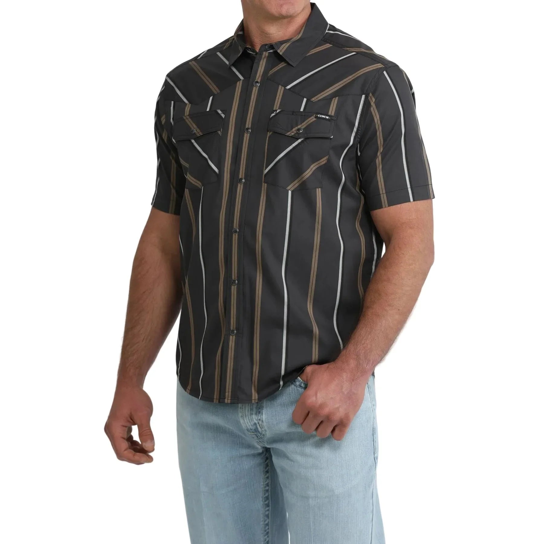 Men's Cinch Short Sleeve Black Striped Camp Shirt MTW1402016