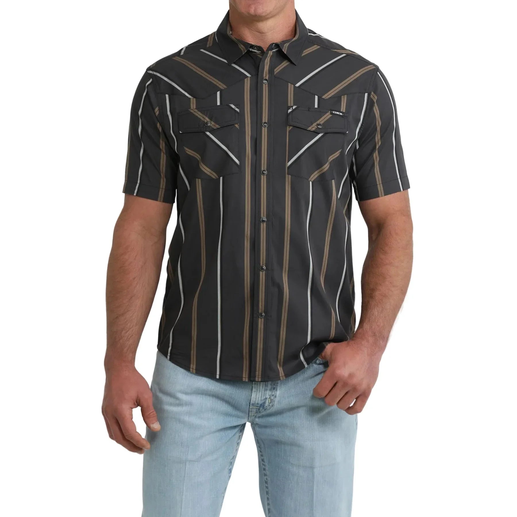 Men's Cinch Short Sleeve Black Striped Camp Shirt MTW1402016