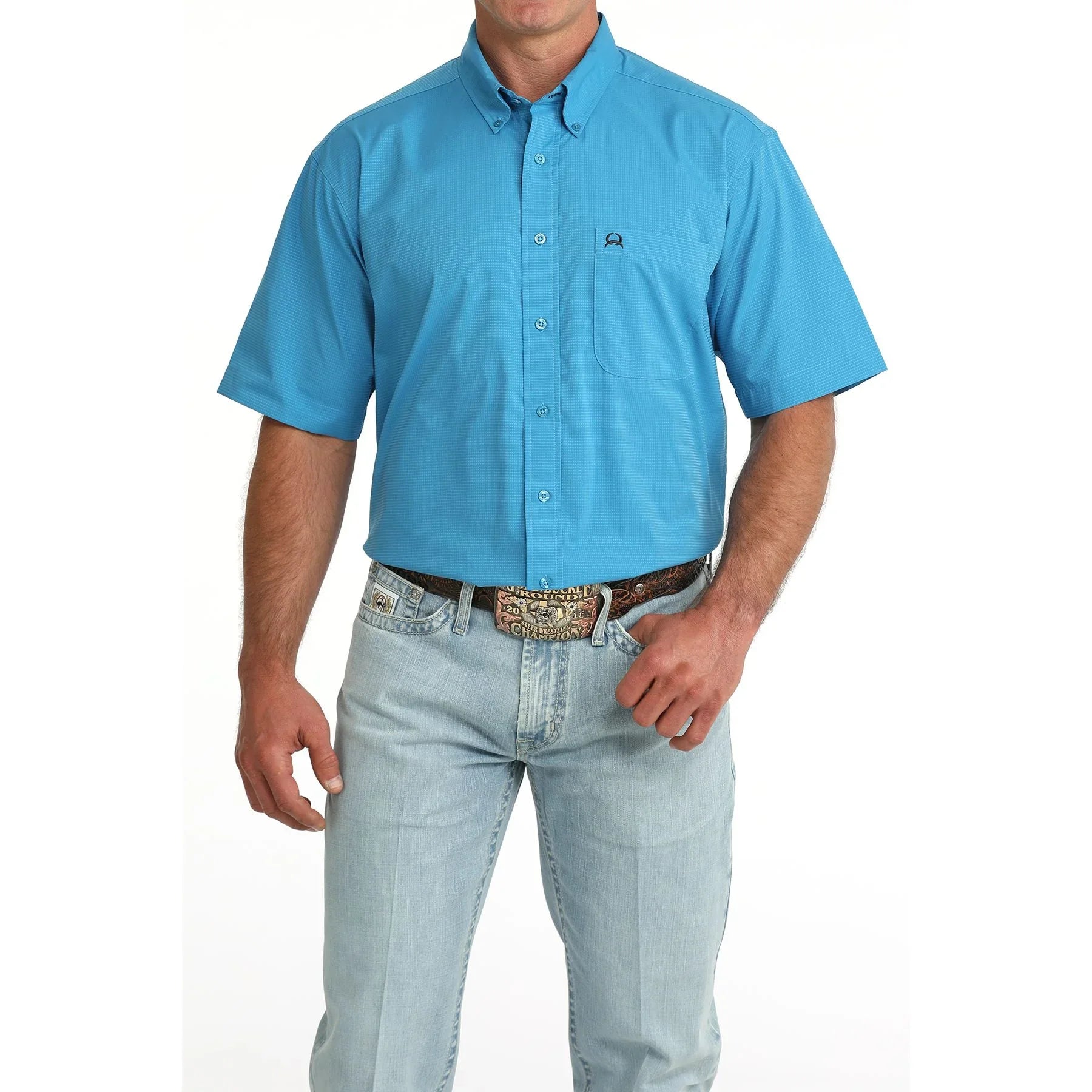 Men's Cinch Short Sleeve Blue Arenaflex Button Up Shirt MTW1725004