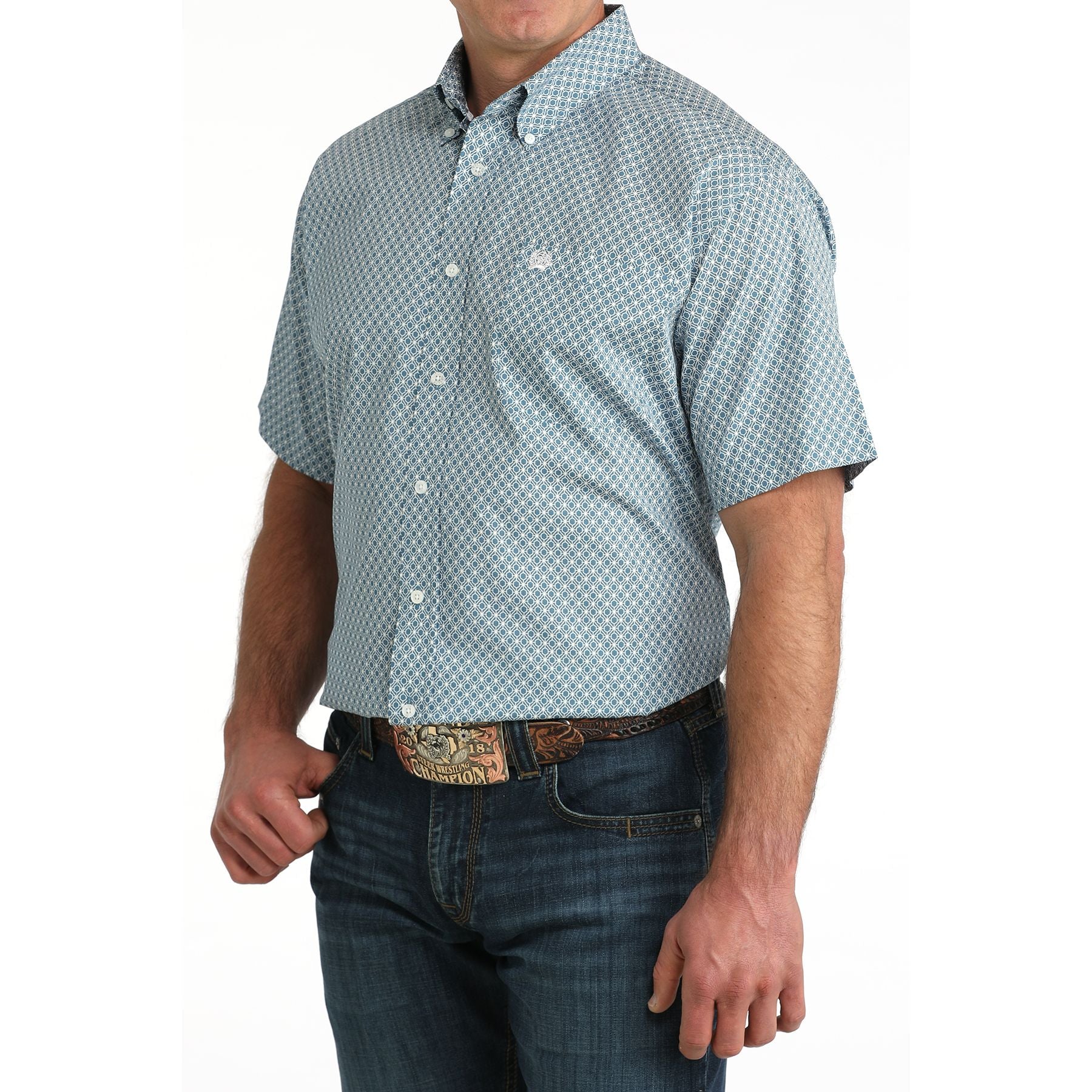 Men's Cinch Short Sleeve Blue Button Up Shirt MTW1111501