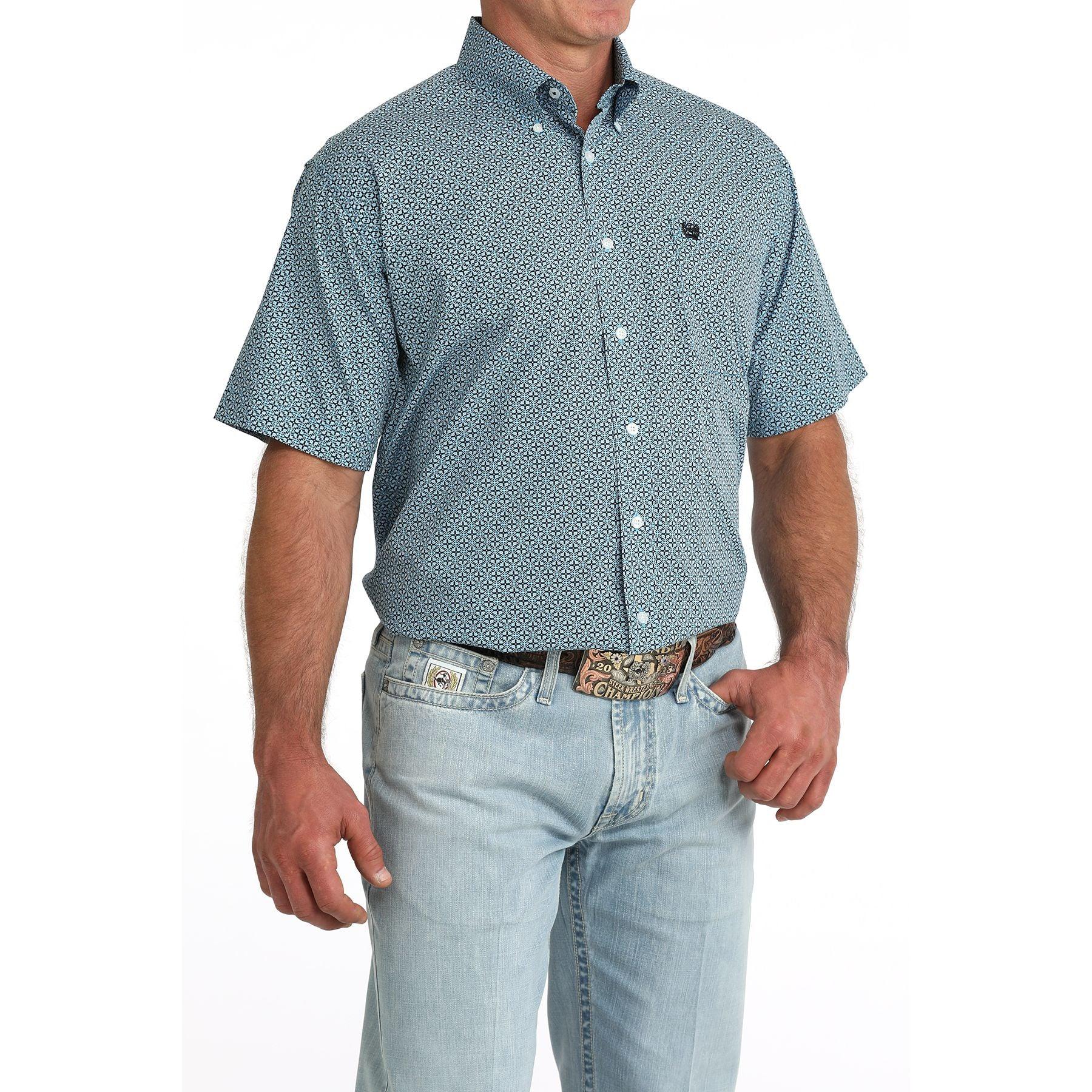 Men's Cinch Short Sleeve Blue Printed Button Up Shirt MTW1111518