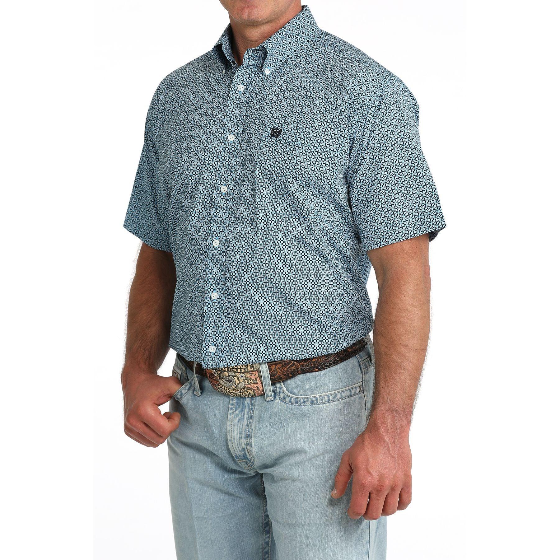 Men's Cinch Short Sleeve Blue Printed Button Up Shirt MTW1111518