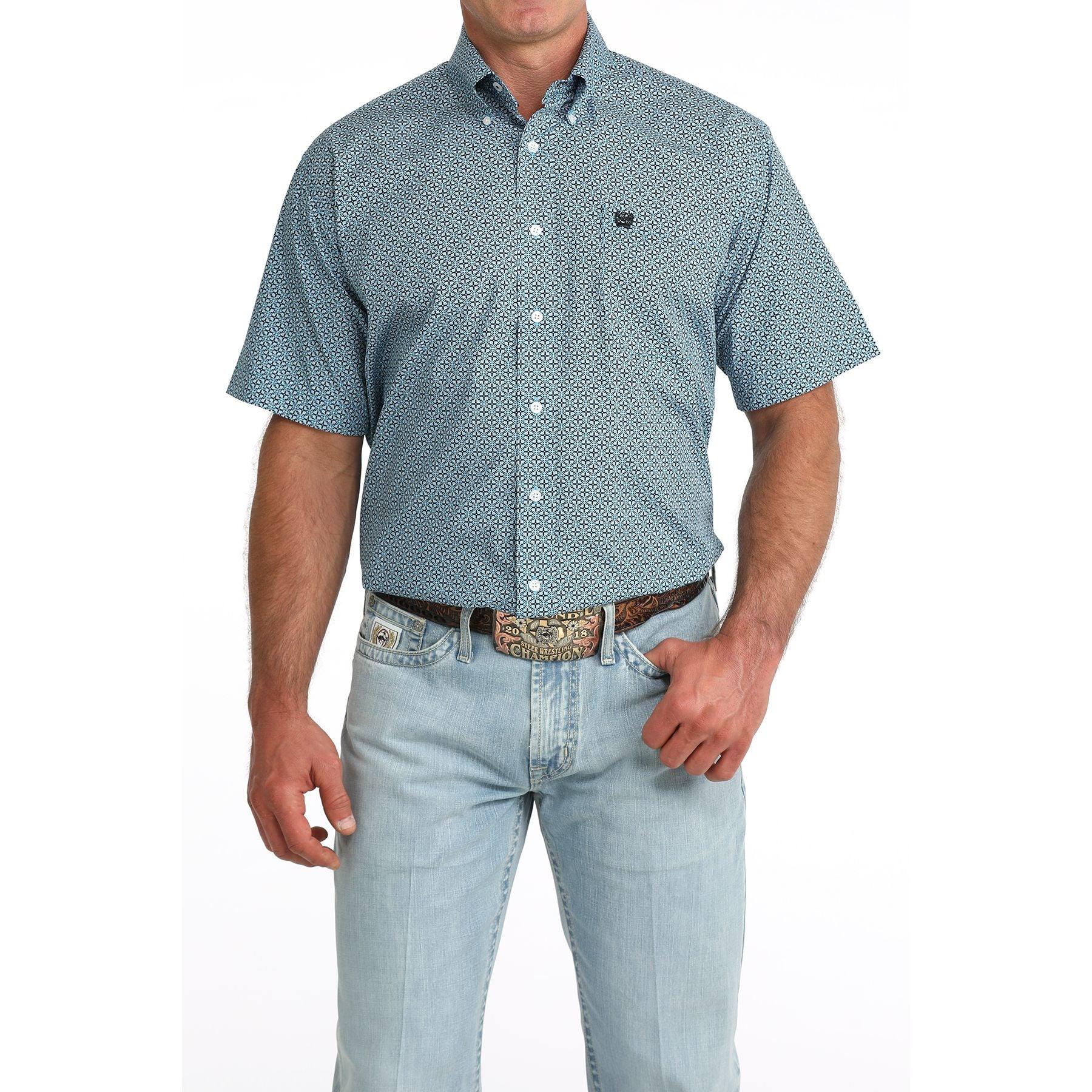 Men's Cinch Short Sleeve Blue Printed Button Up Shirt MTW1111518