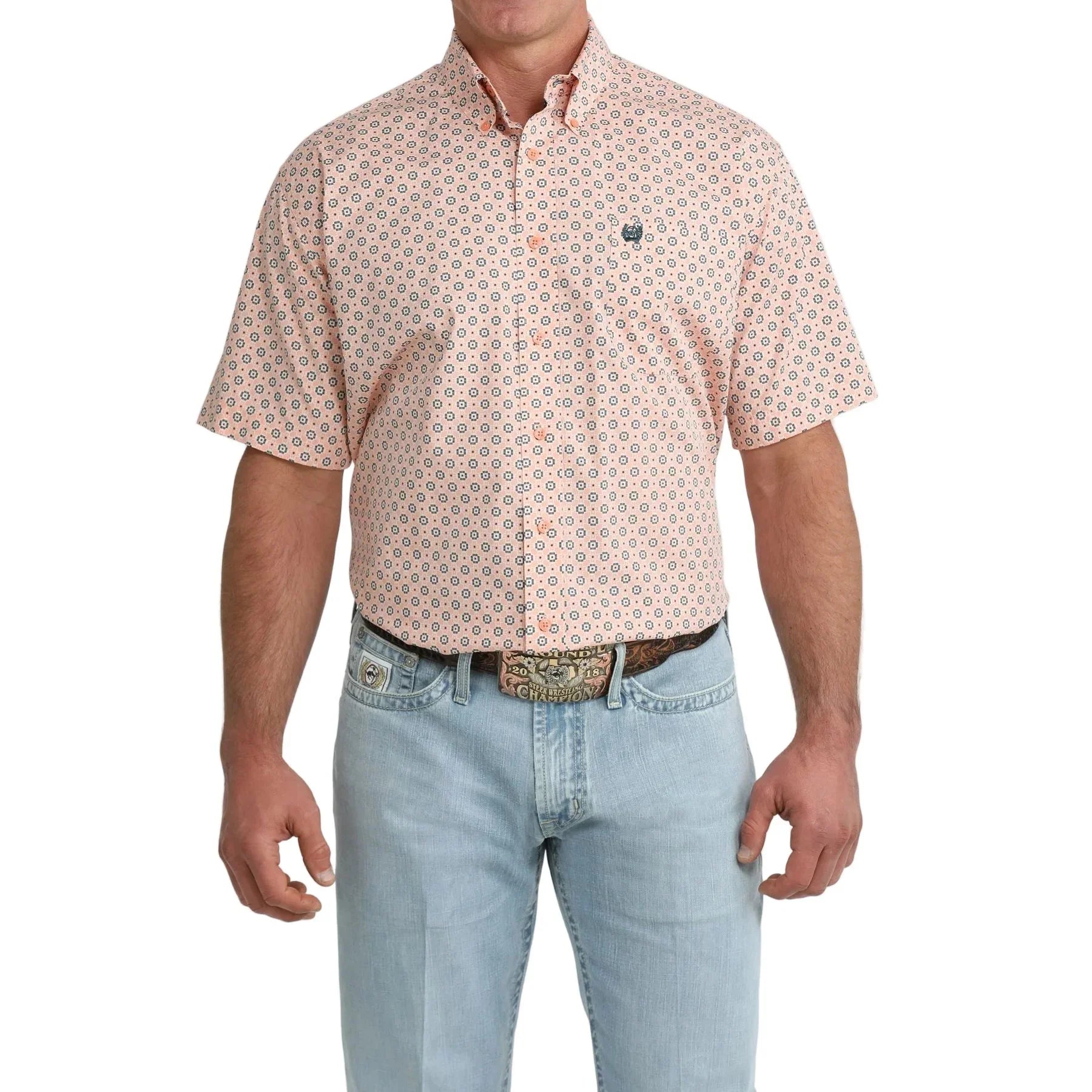 Men's Cinch Short Sleeve Coral Geometric Print Button Down Shirt MTW1111526