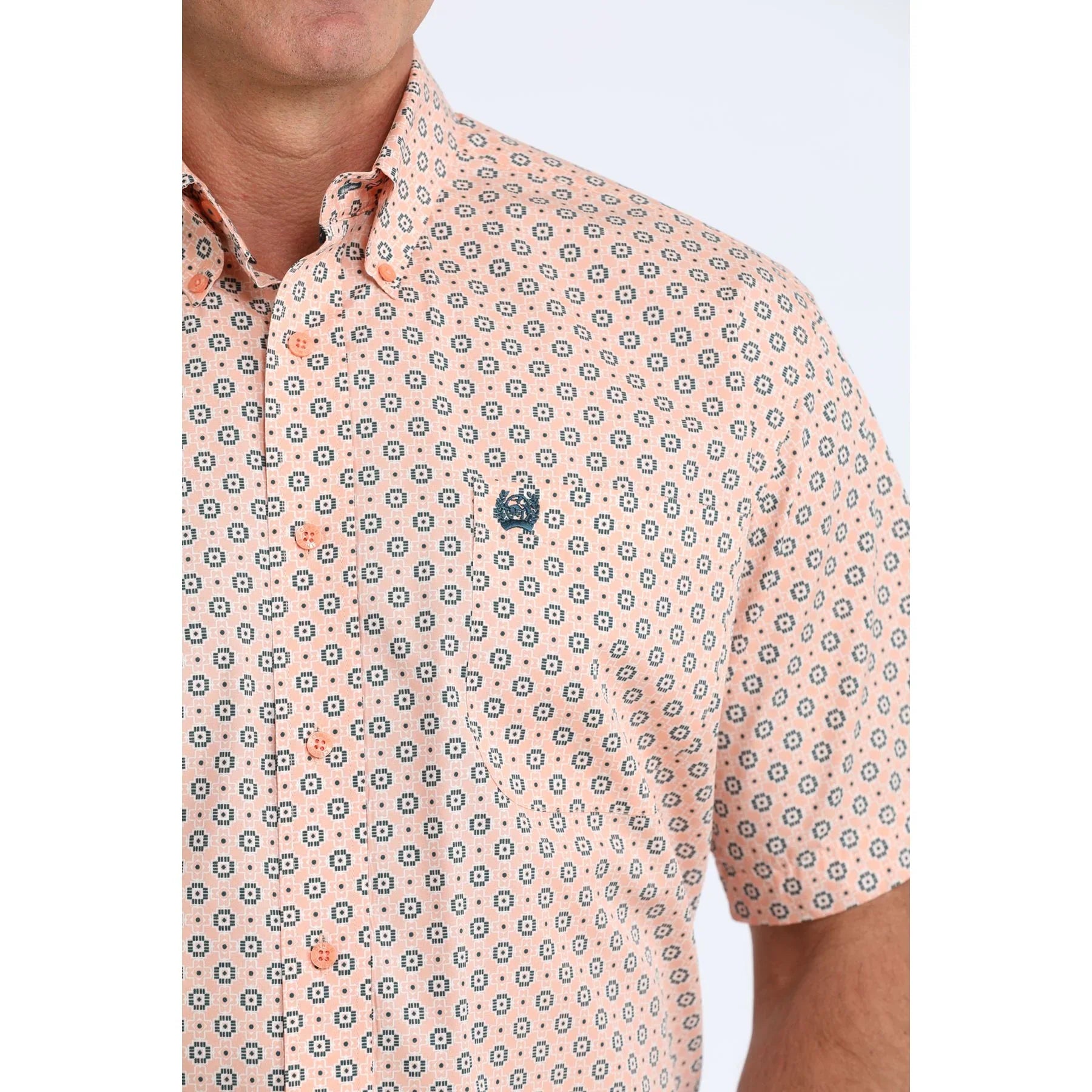 Men's Cinch Short Sleeve Coral Geometric Print Button Down Shirt MTW1111526