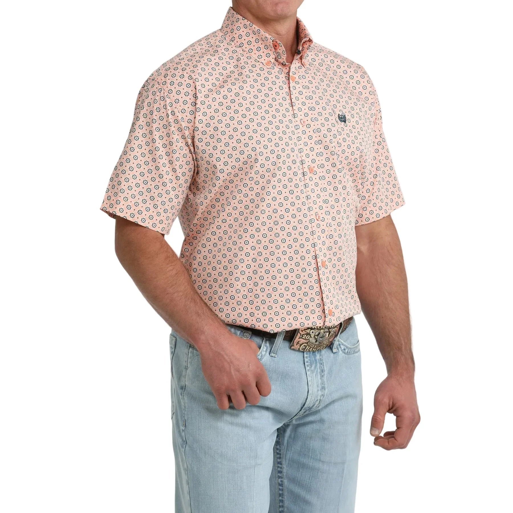 Men's Cinch Short Sleeve Coral Geometric Print Button Down Shirt MTW1111526