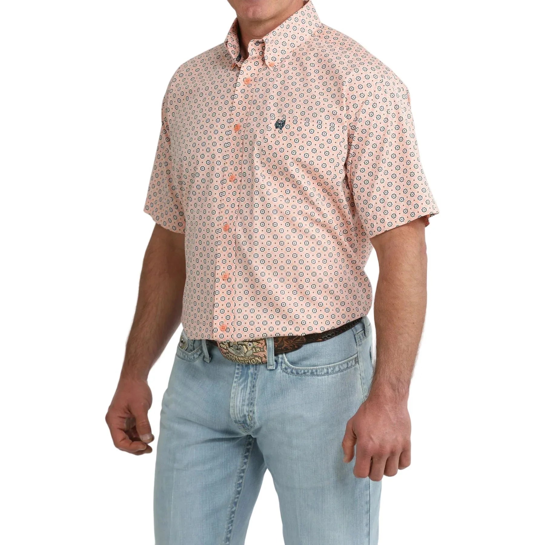 Men's Cinch Short Sleeve Coral Geometric Print Button Down Shirt MTW1111526