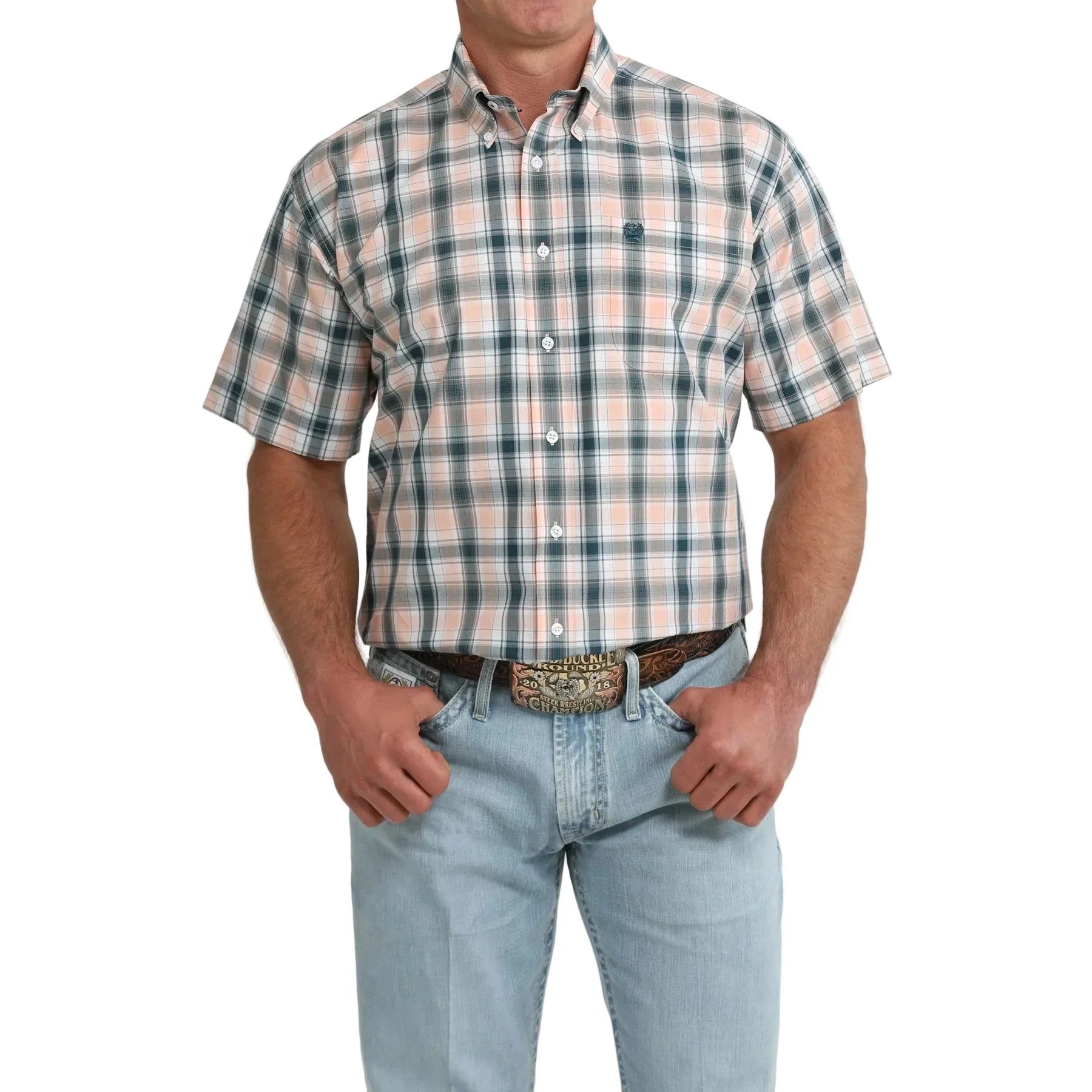 Men's Cinch Short Sleeve Coral Plaid Classic Fit Shirt MTW1111525