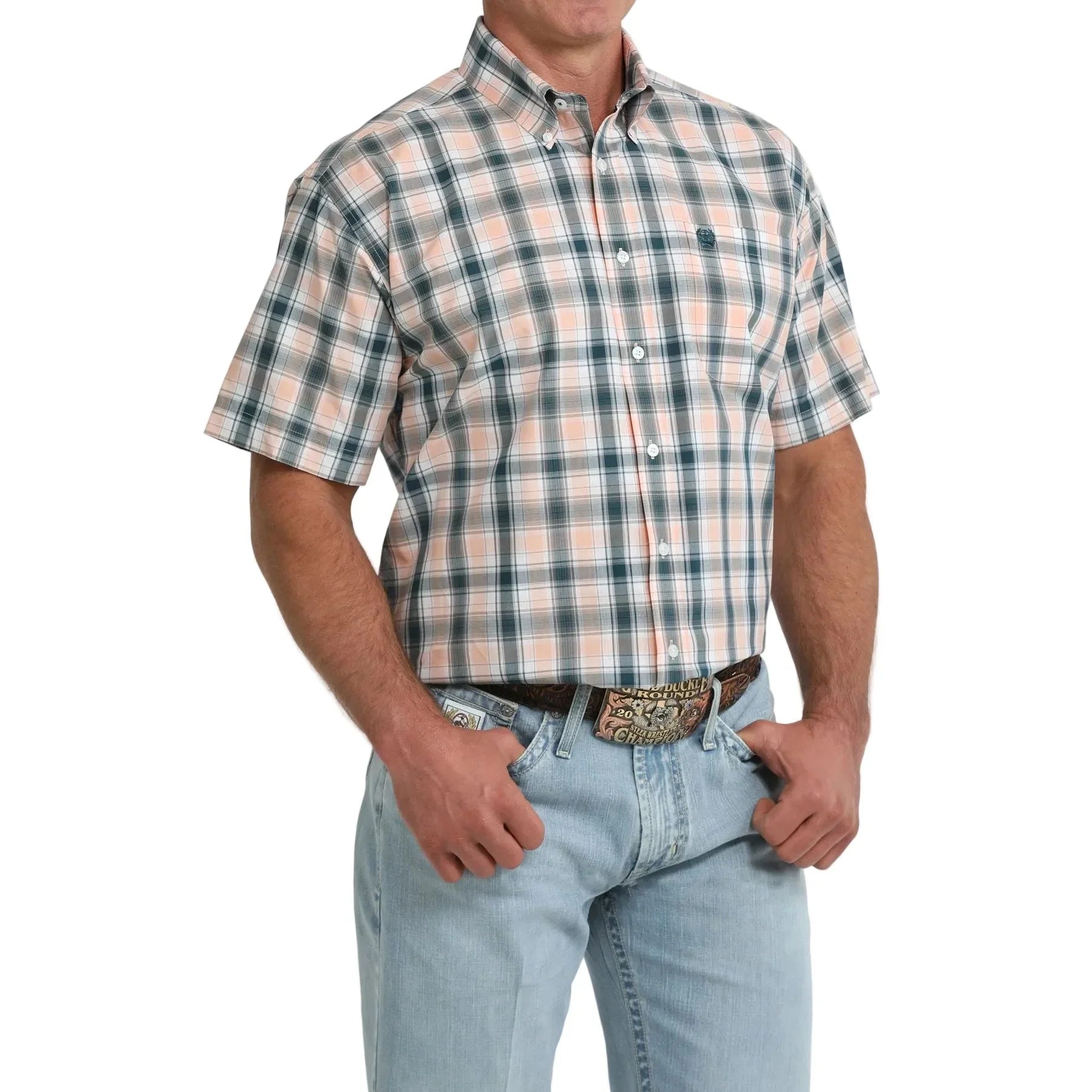 Men's Cinch Short Sleeve Coral Plaid Classic Fit Shirt MTW1111525