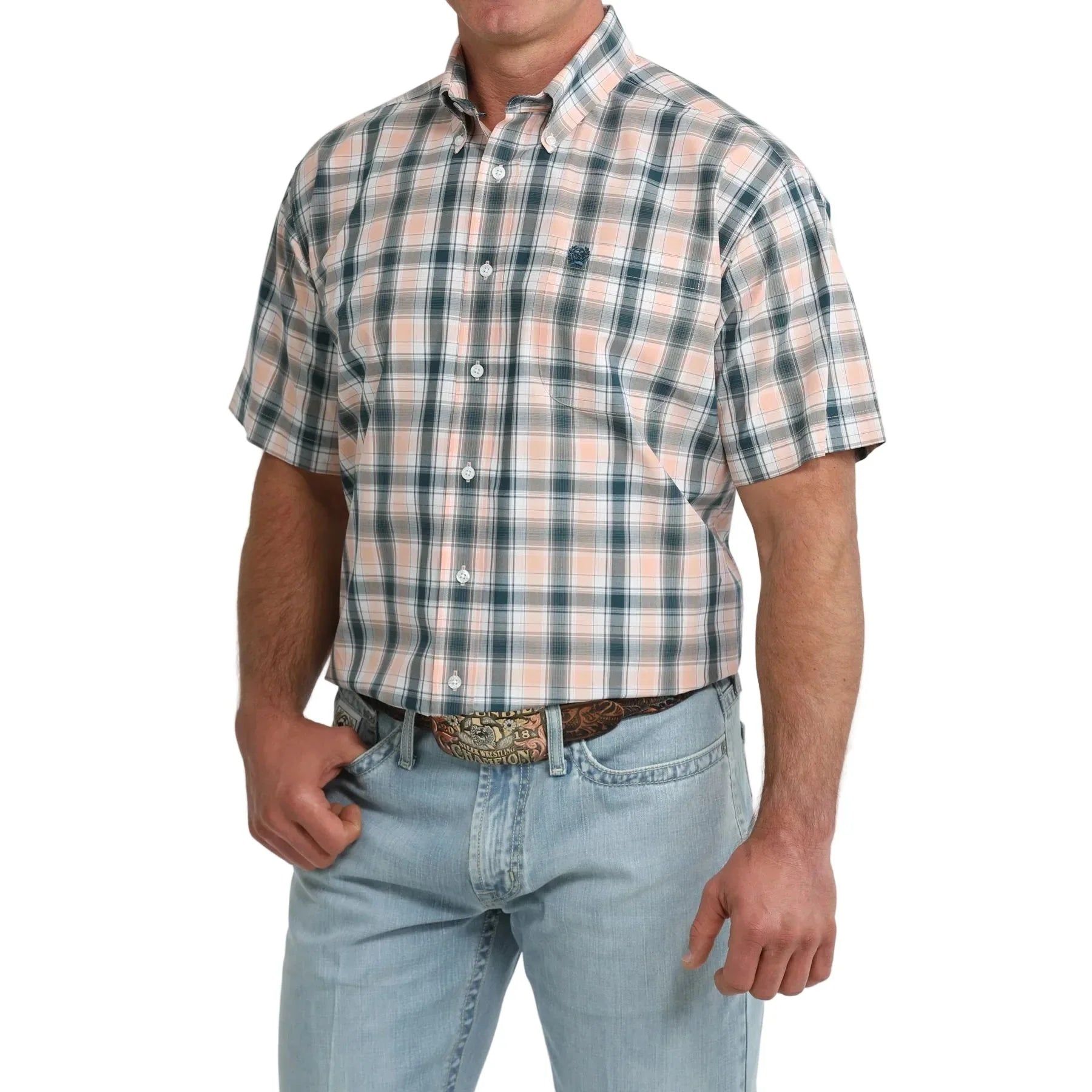 Men's Cinch Short Sleeve Coral Plaid Classic Fit Shirt MTW1111525