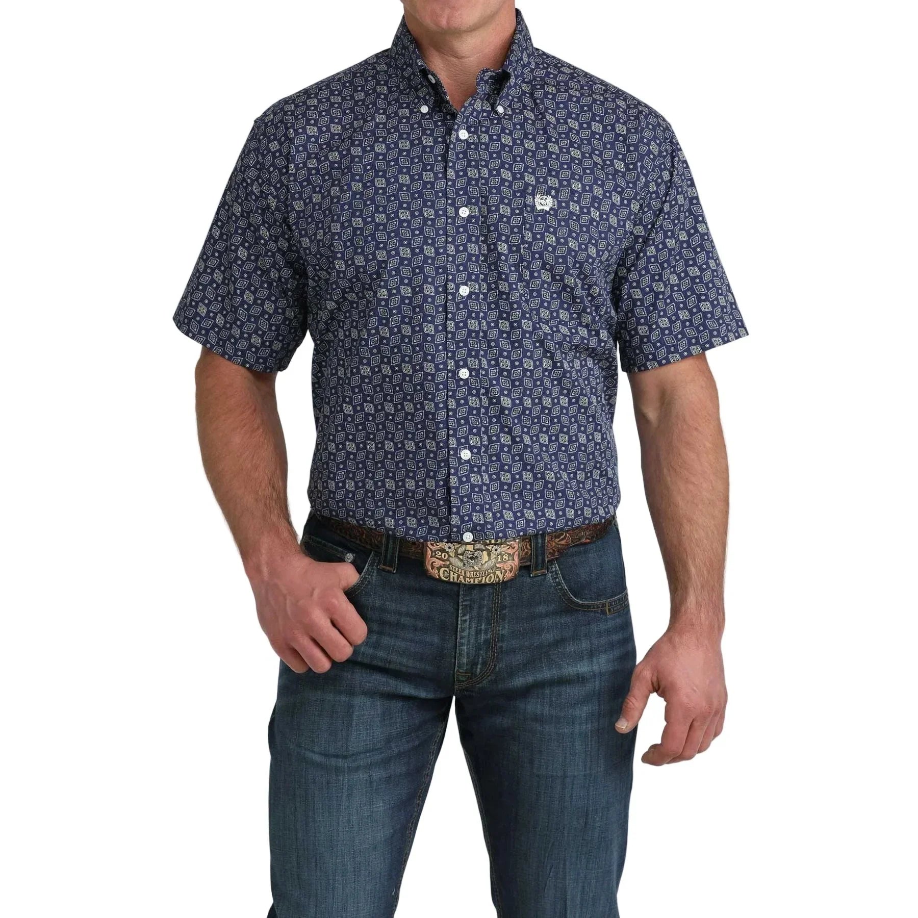 Men's Cinch Short Sleeve Geometric Print Button Up Shirt MTW1111514