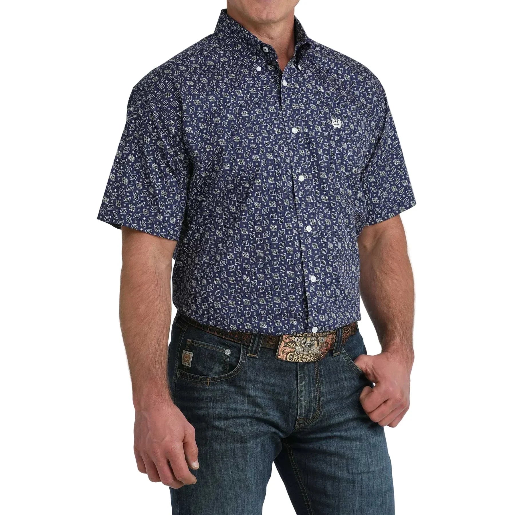 Men's Cinch Short Sleeve Geometric Print Button Up Shirt MTW1111514