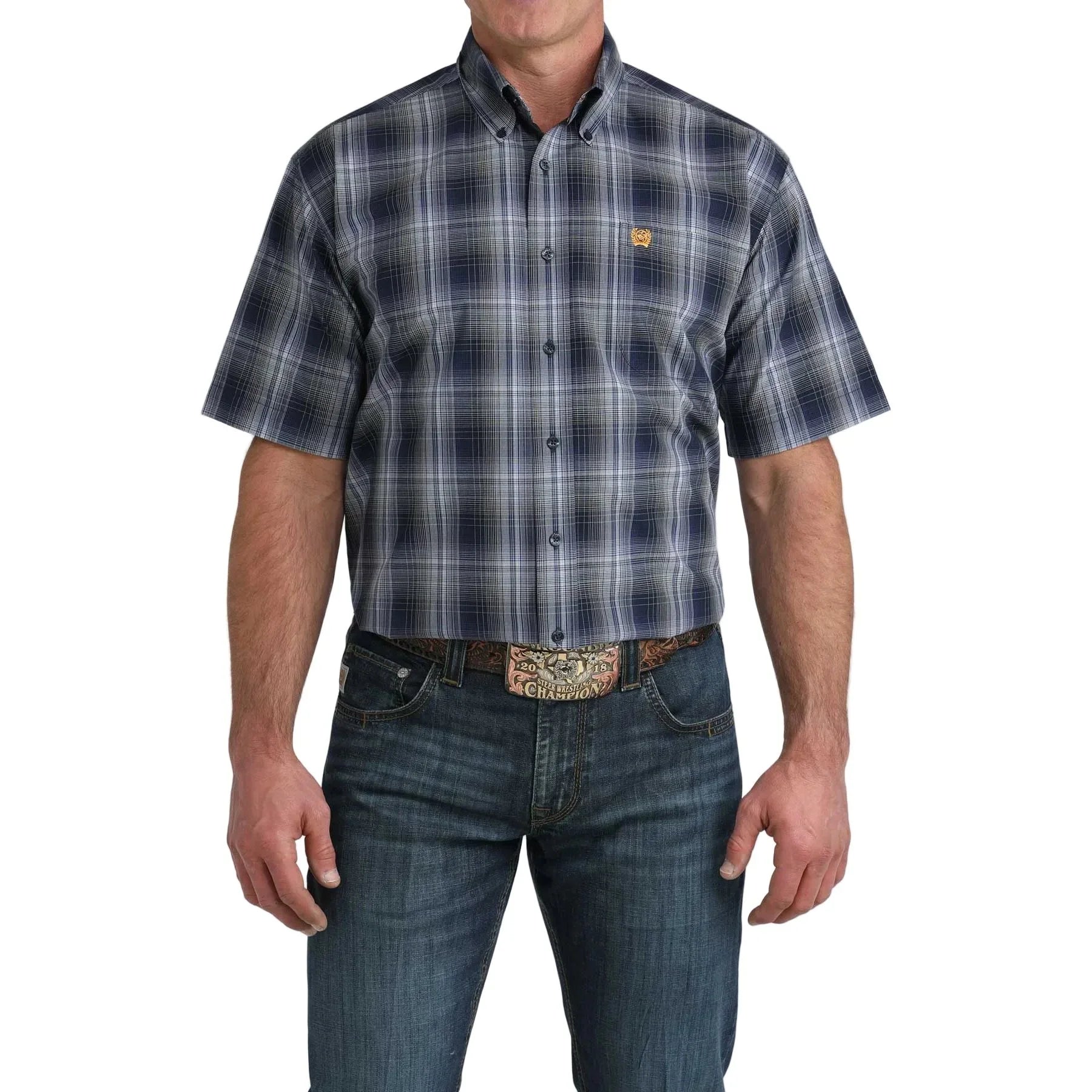 Men's Cinch Short Sleeve Navy Plaid Button Up Shirt MTW1111516