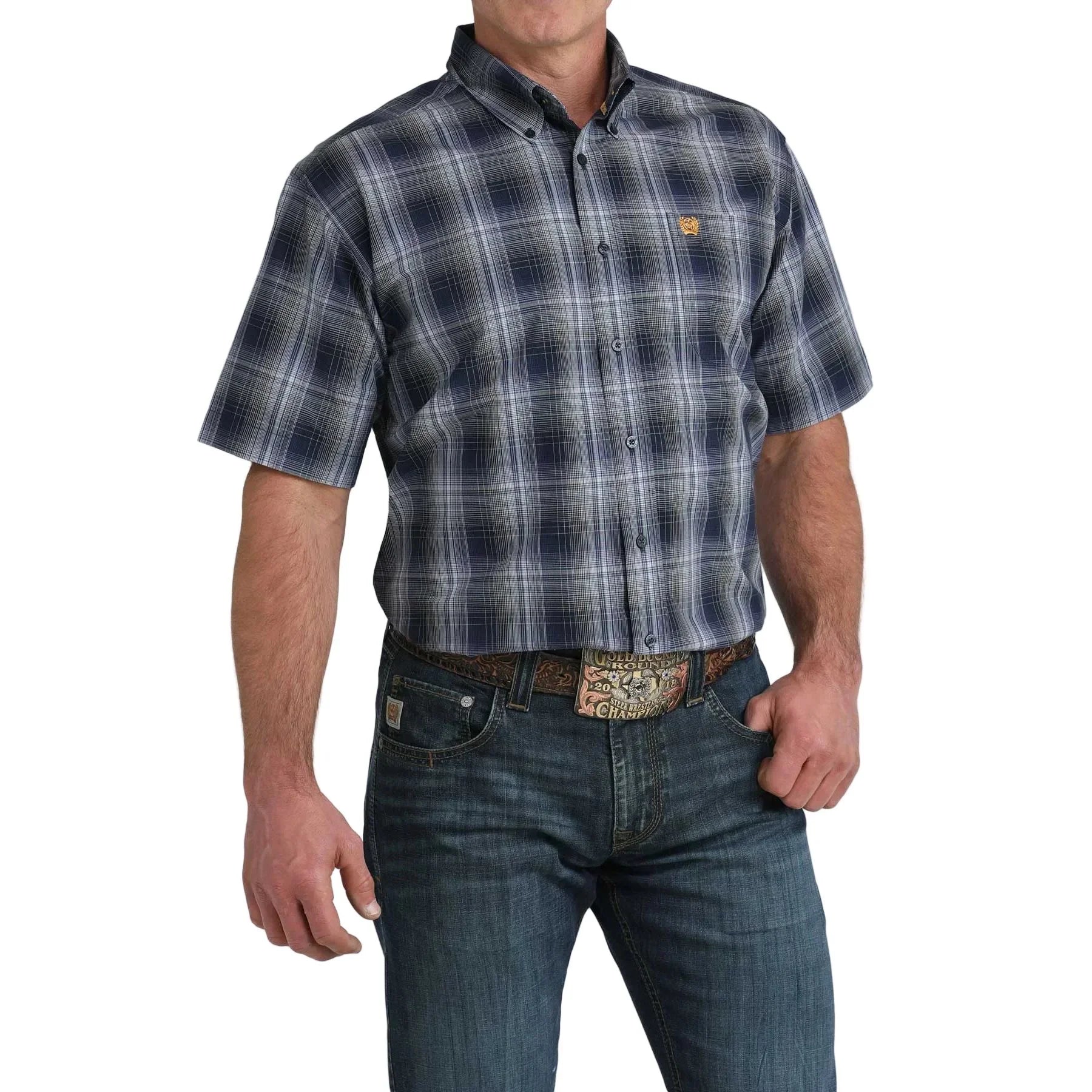 Men's Cinch Short Sleeve Navy Plaid Button Up Shirt MTW1111516