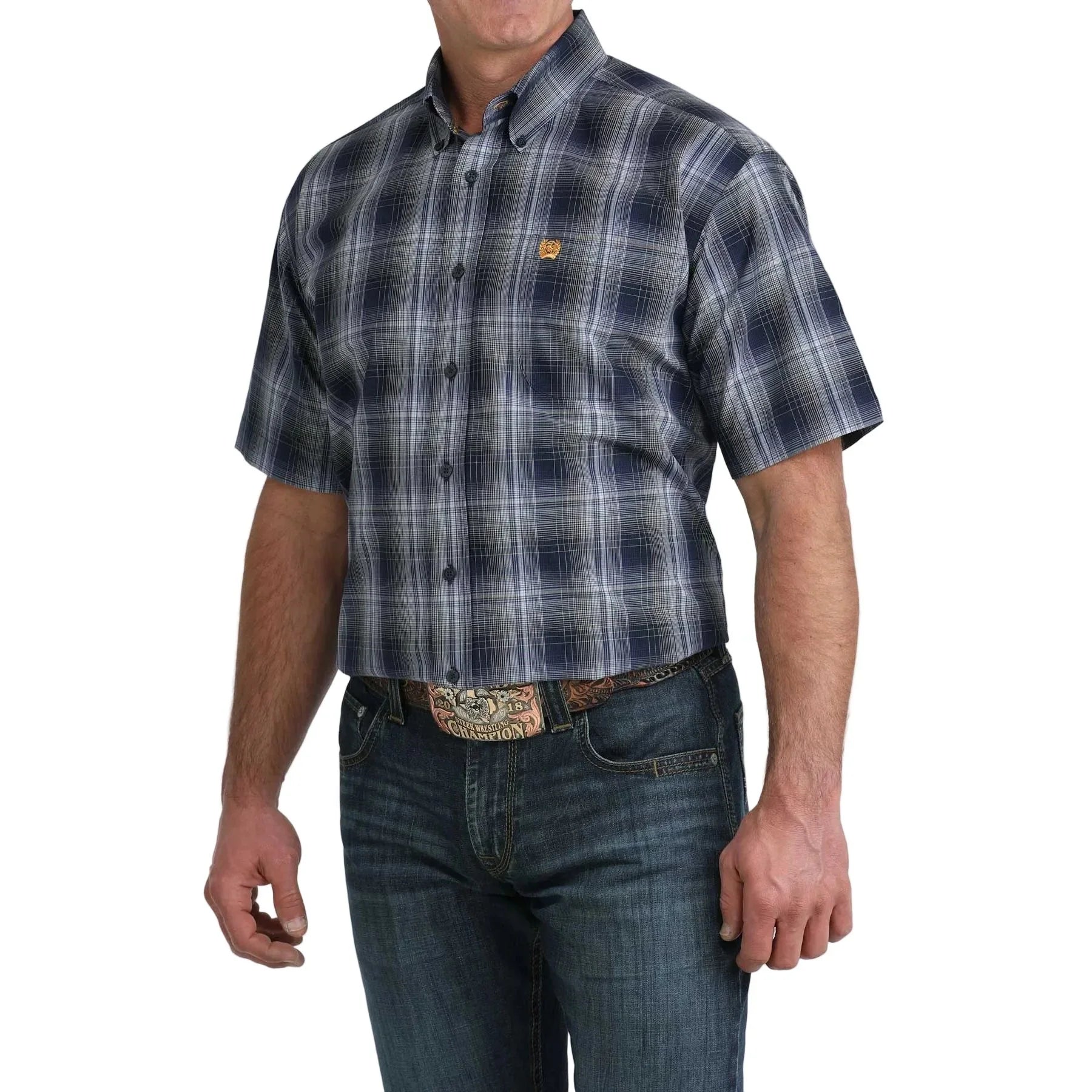 Men's Cinch Short Sleeve Navy Plaid Button Up Shirt MTW1111516