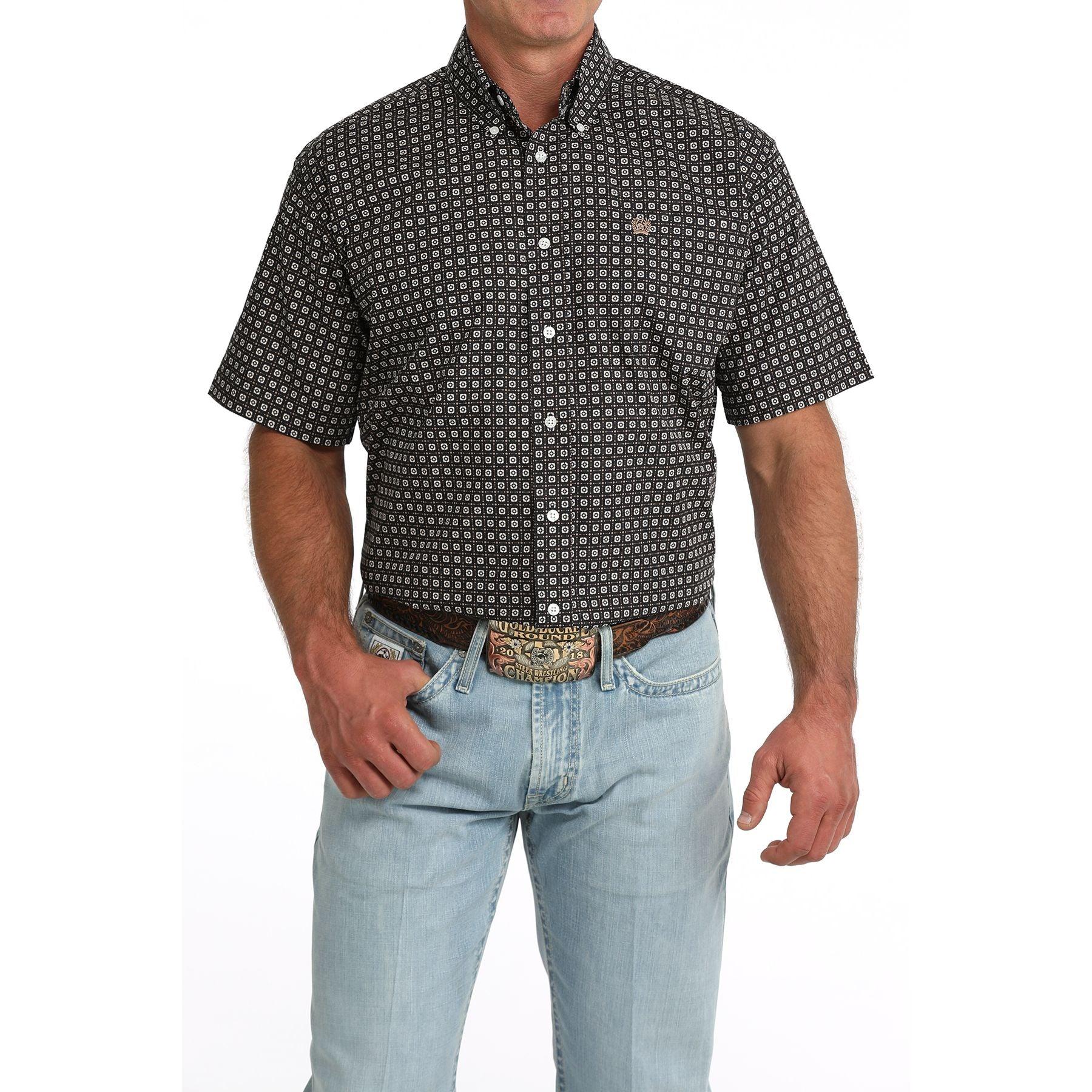 Men's Cinch Short Sleeve Navy Printed Button Up Shirt MTW1111519