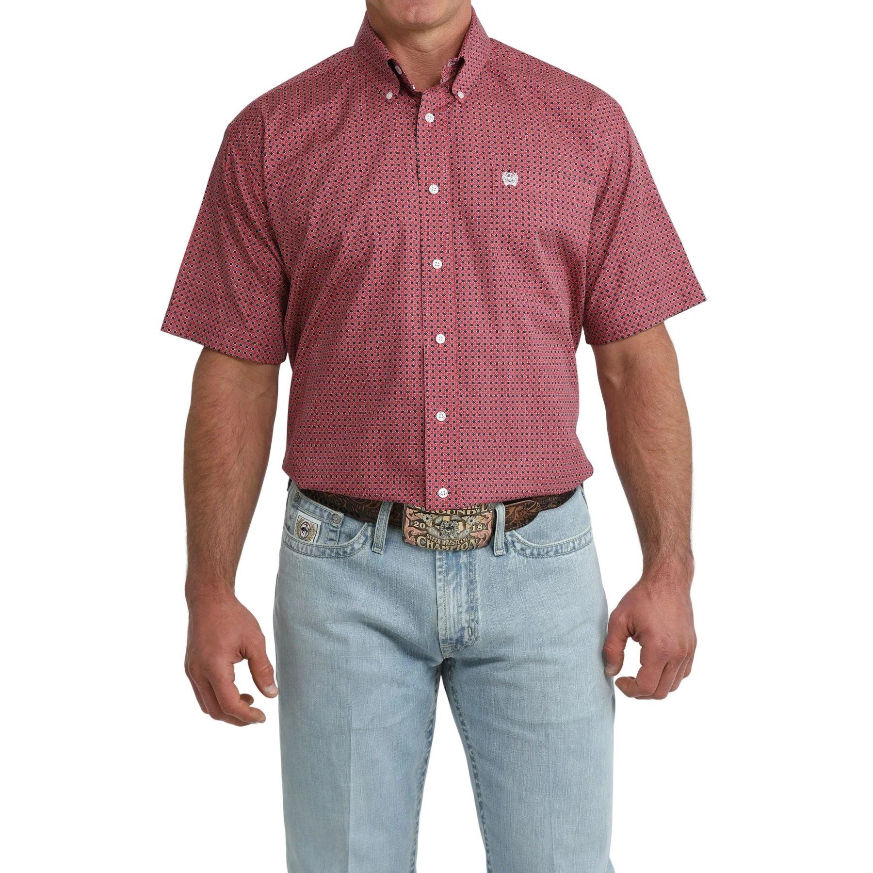 Men's Cinch Short Sleeve Pink Geo Printed Button Up MTW1111523
