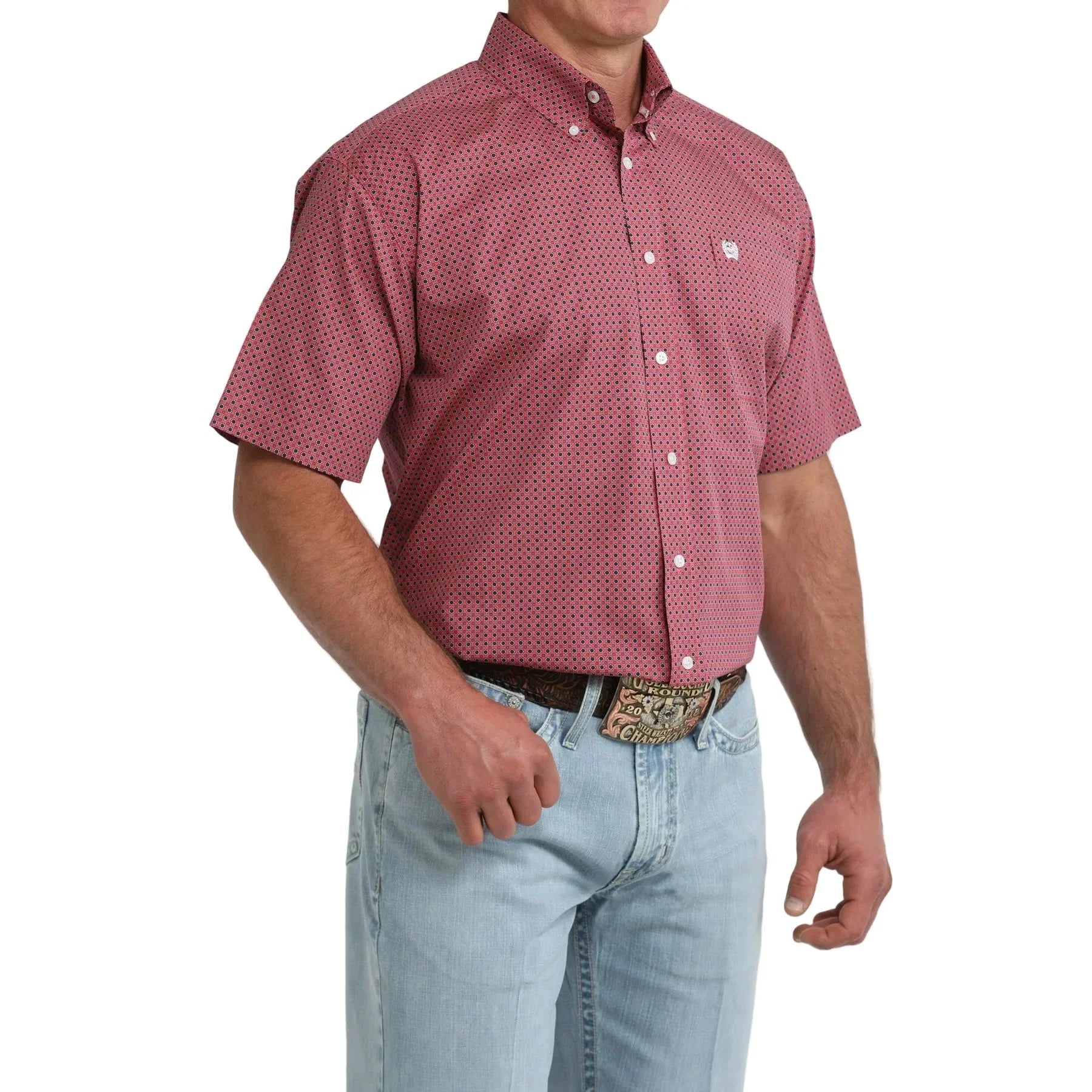 Men's Cinch Short Sleeve Pink Geo Printed Button Up MTW1111523