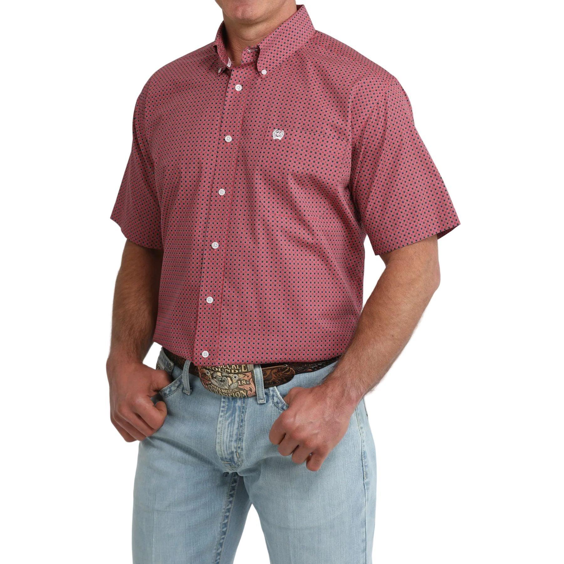 Men's Cinch Short Sleeve Pink Geo Printed Button Up MTW1111523