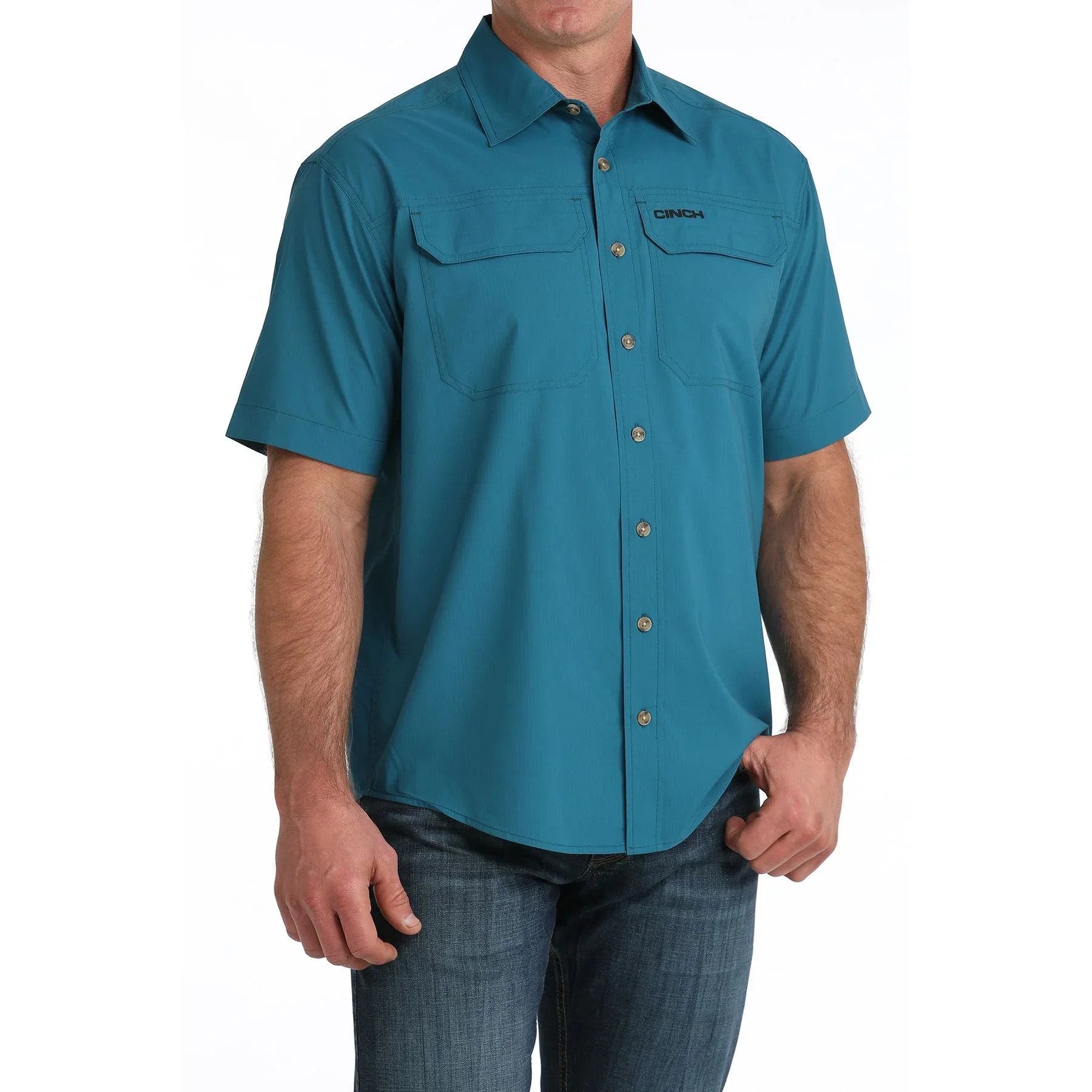Men's Cinch Short Sleeve Solid Teal Aenaflex Button Up MTW1723004