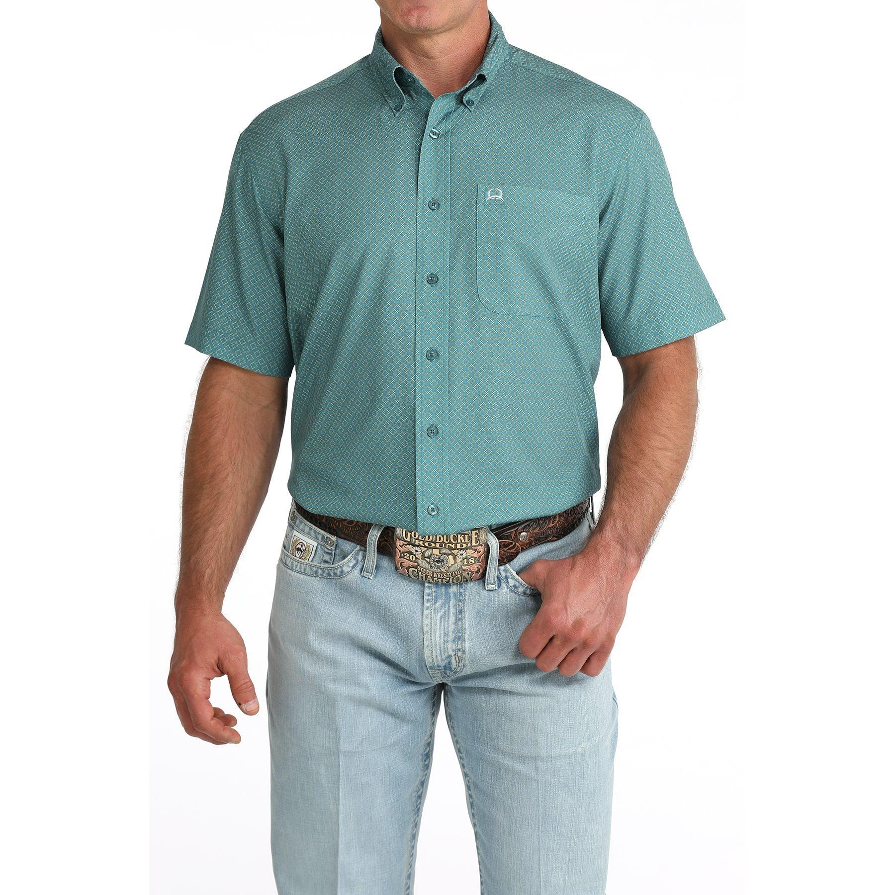 Men's Cinch Short Sleeve Teal Arenaflex Button Down Shirt MTW1725005