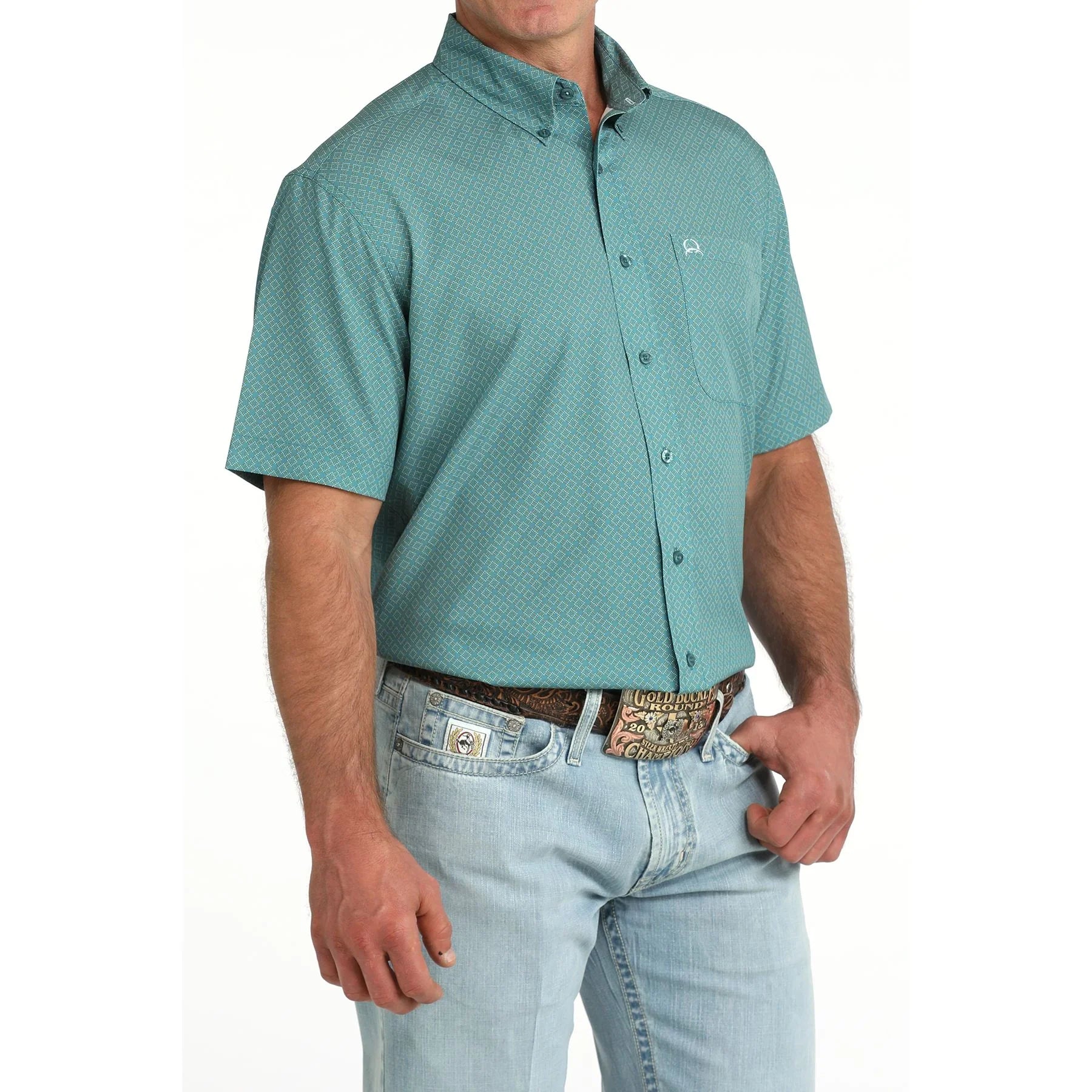 Men's Cinch Short Sleeve Teal Arenaflex Button Down Shirt MTW1725005