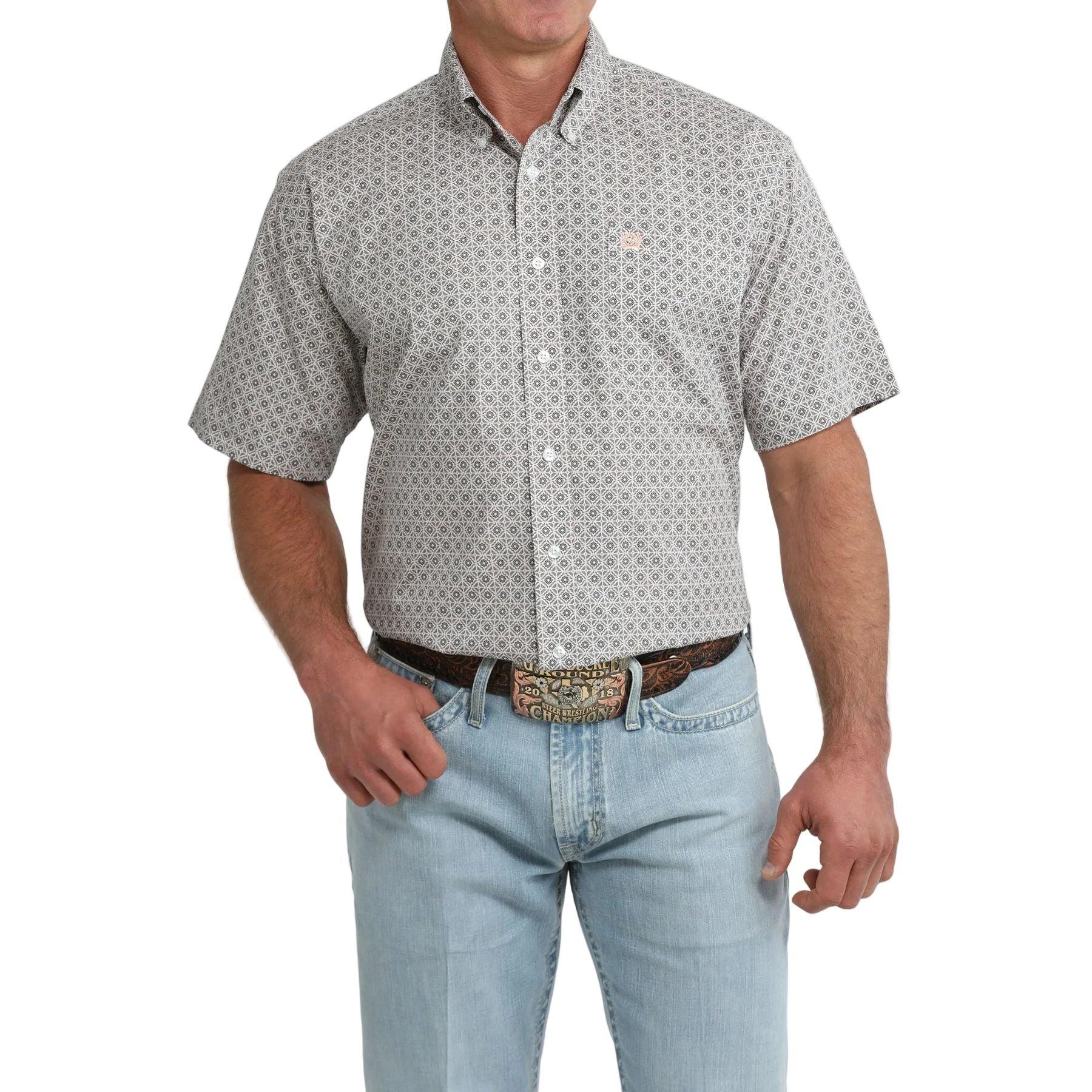 Men's Cinch Short Sleeve White Geo Print Button Down Shirt MTW1111524