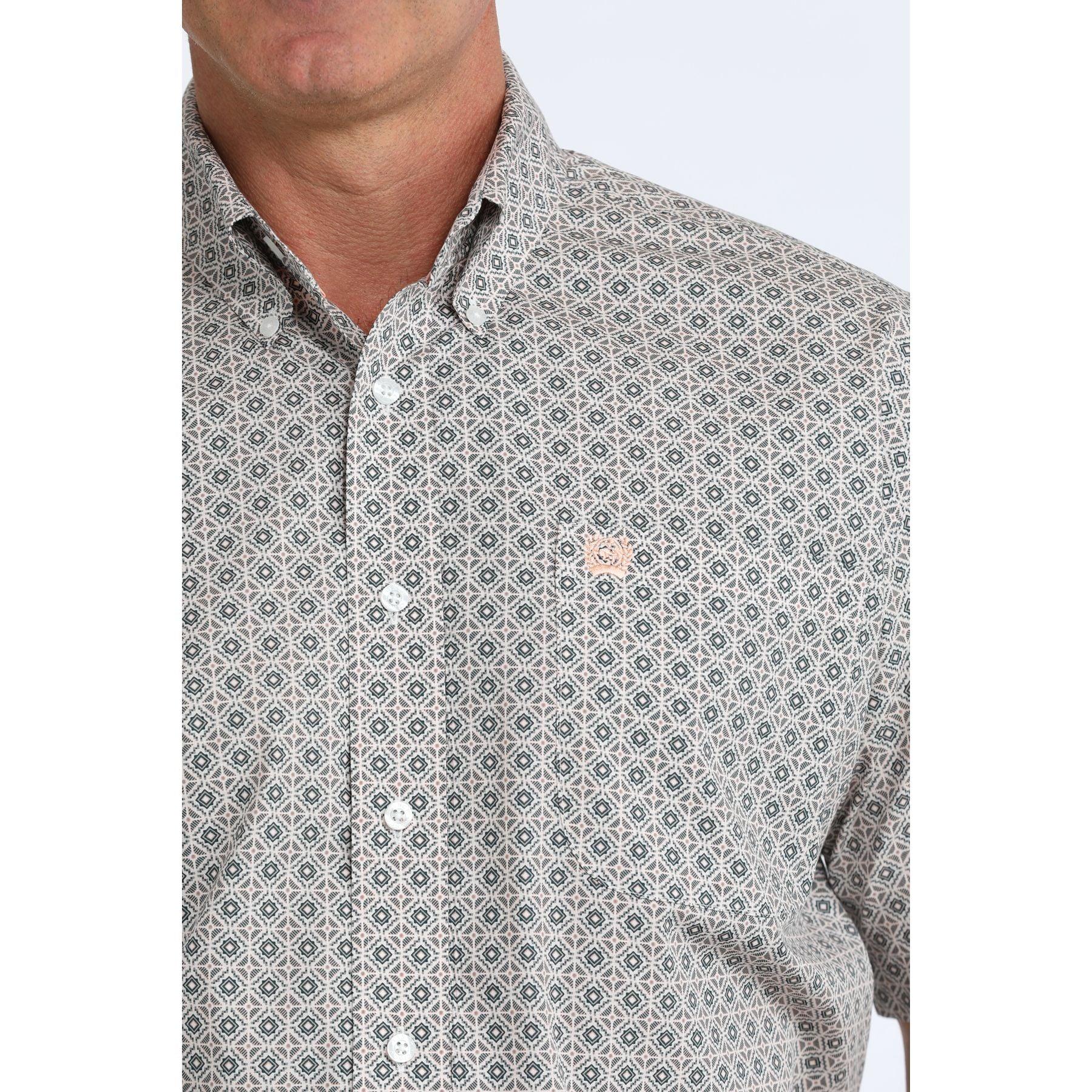 Men's Cinch Short Sleeve White Geo Print Button Down Shirt MTW1111524