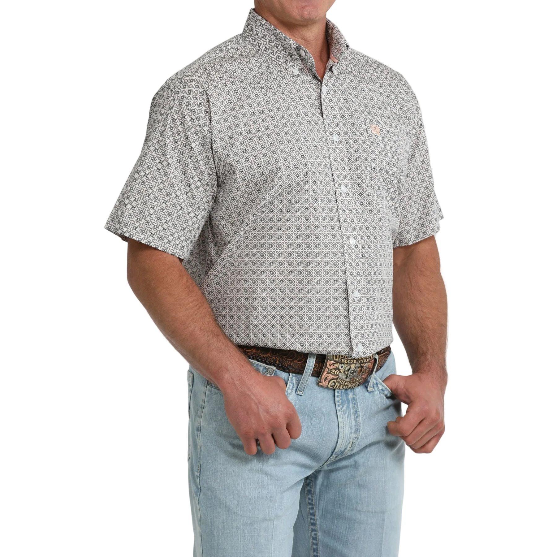 Men's Cinch Short Sleeve White Geo Print Button Down Shirt MTW1111524