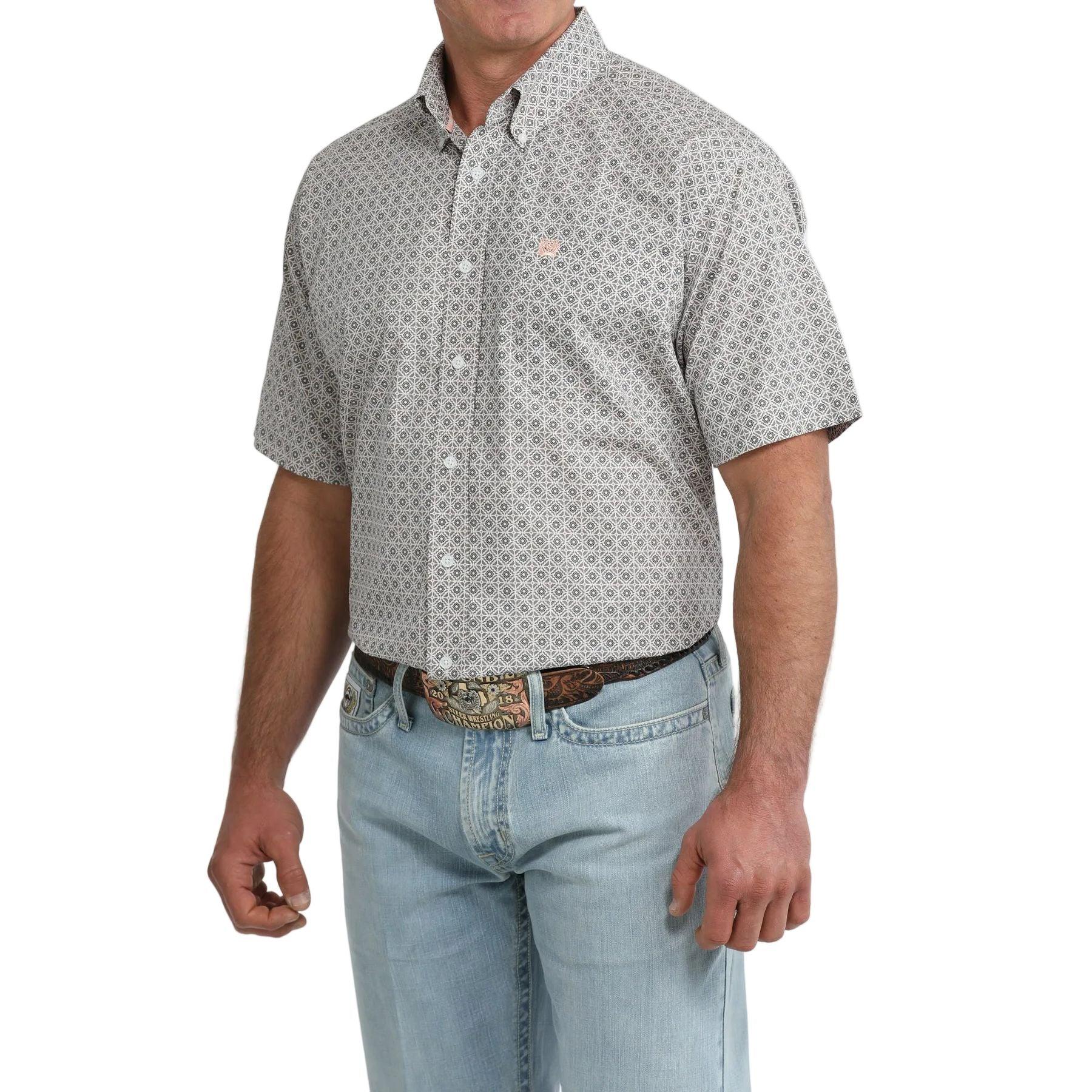 Men's Cinch Short Sleeve White Geo Print Button Down Shirt MTW1111524