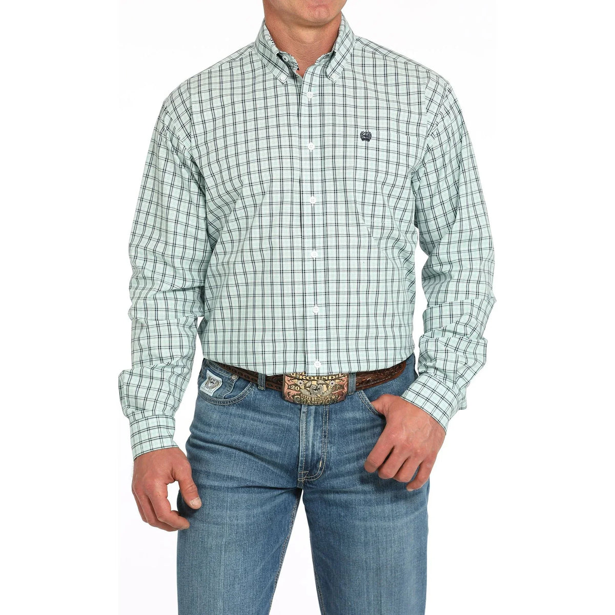 Men's Cinch Turquoise and Black Plaid Classic Fit Button Up Shirt MTW1105931 - Crazy House Western Wear