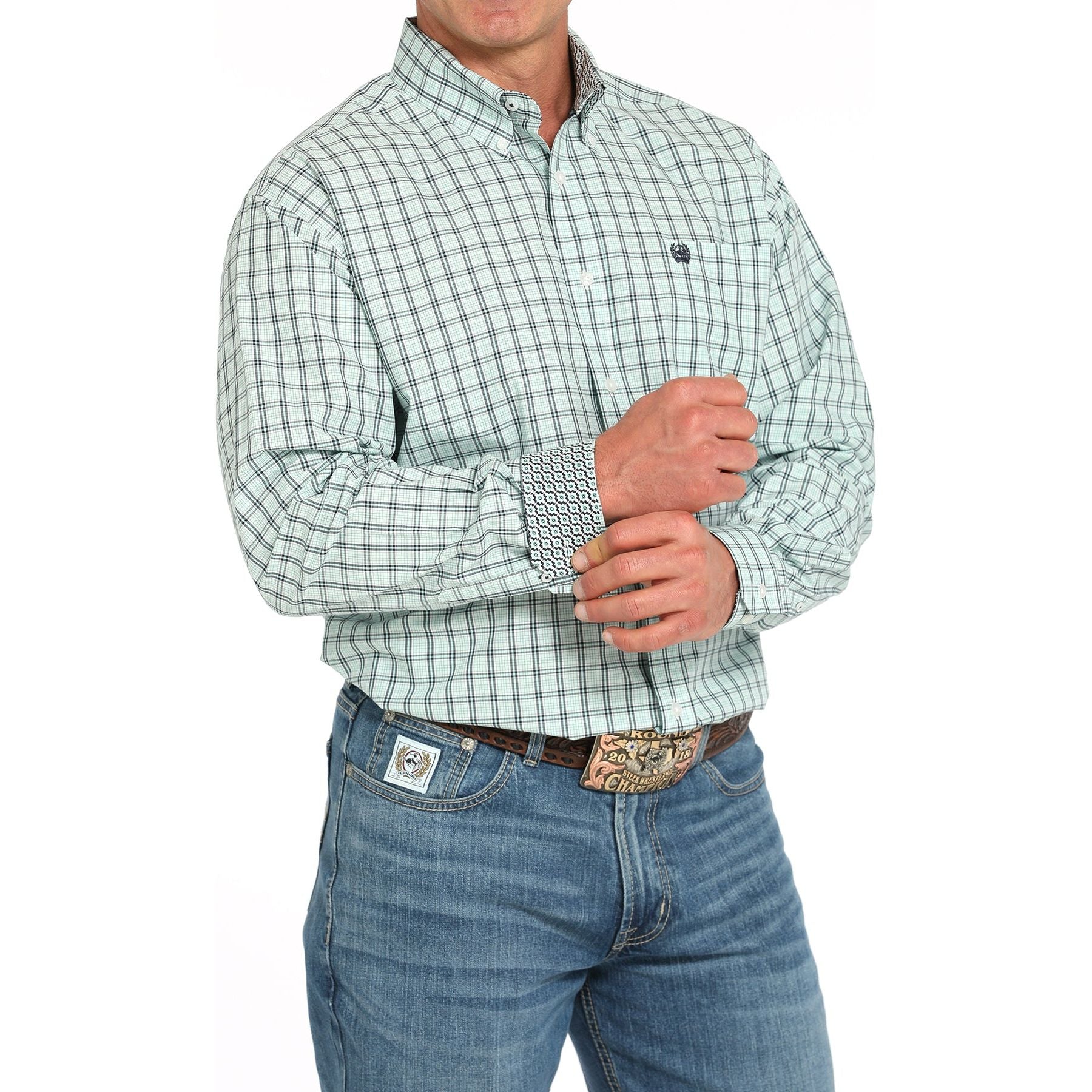 Men's Cinch Turquoise and Black Plaid Classic Fit Button Up Shirt MTW1105931 - Crazy House Western Wear