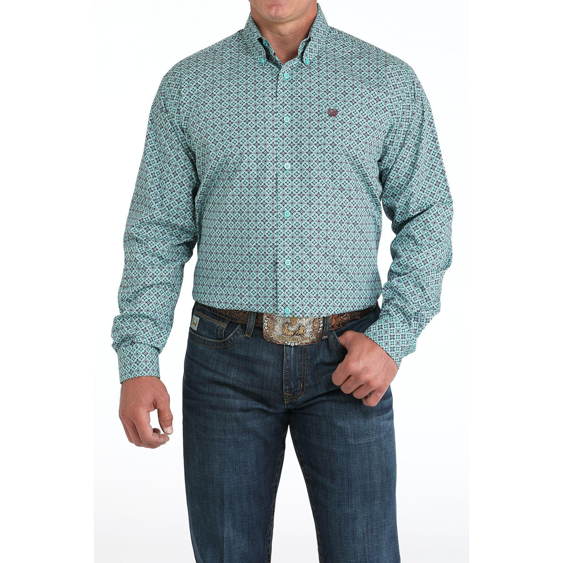 Men's Cinch Turquoise Tile Print Button Down Shirt MTW1105971