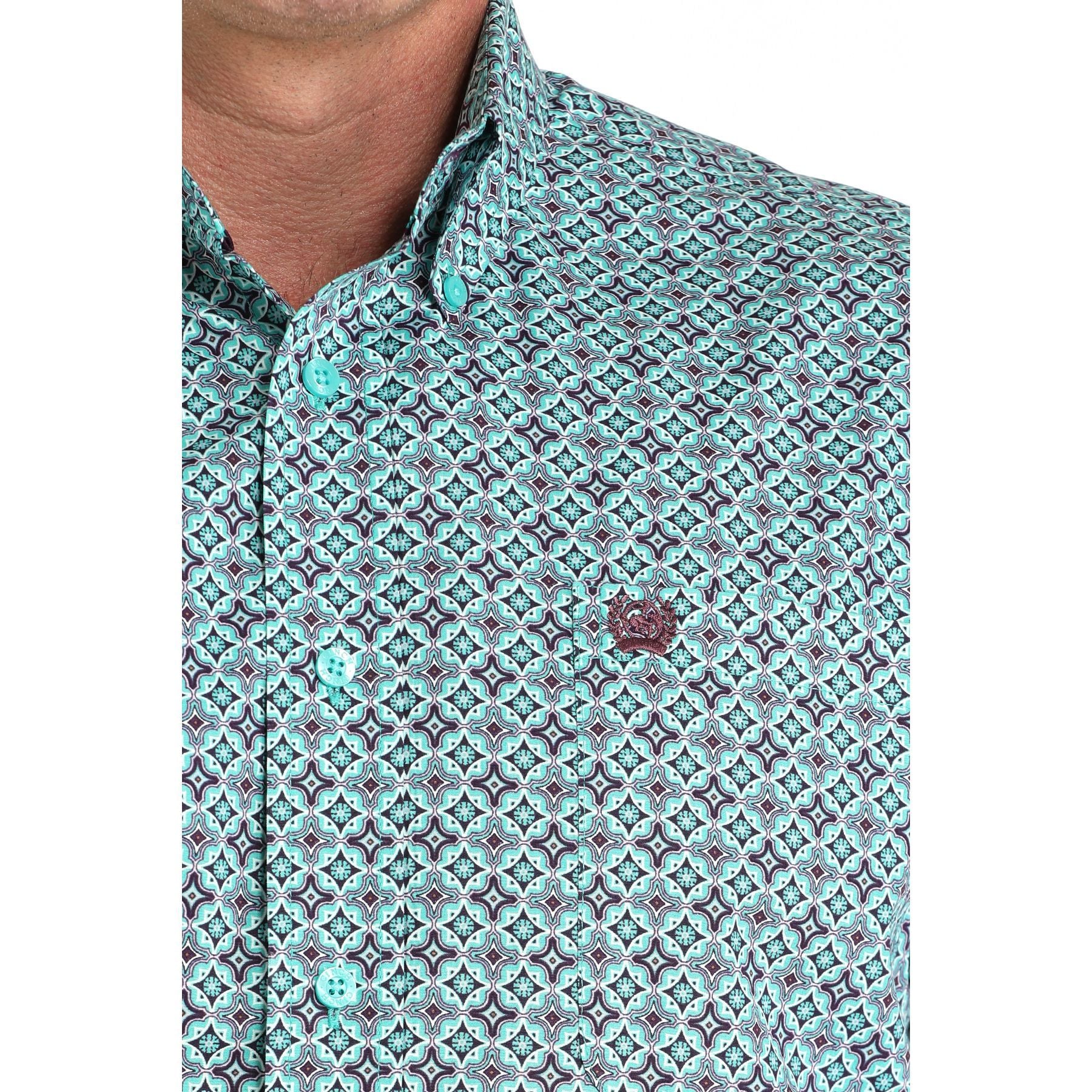 Men's Cinch Turquoise Tile Print Button Down Shirt MTW1105971