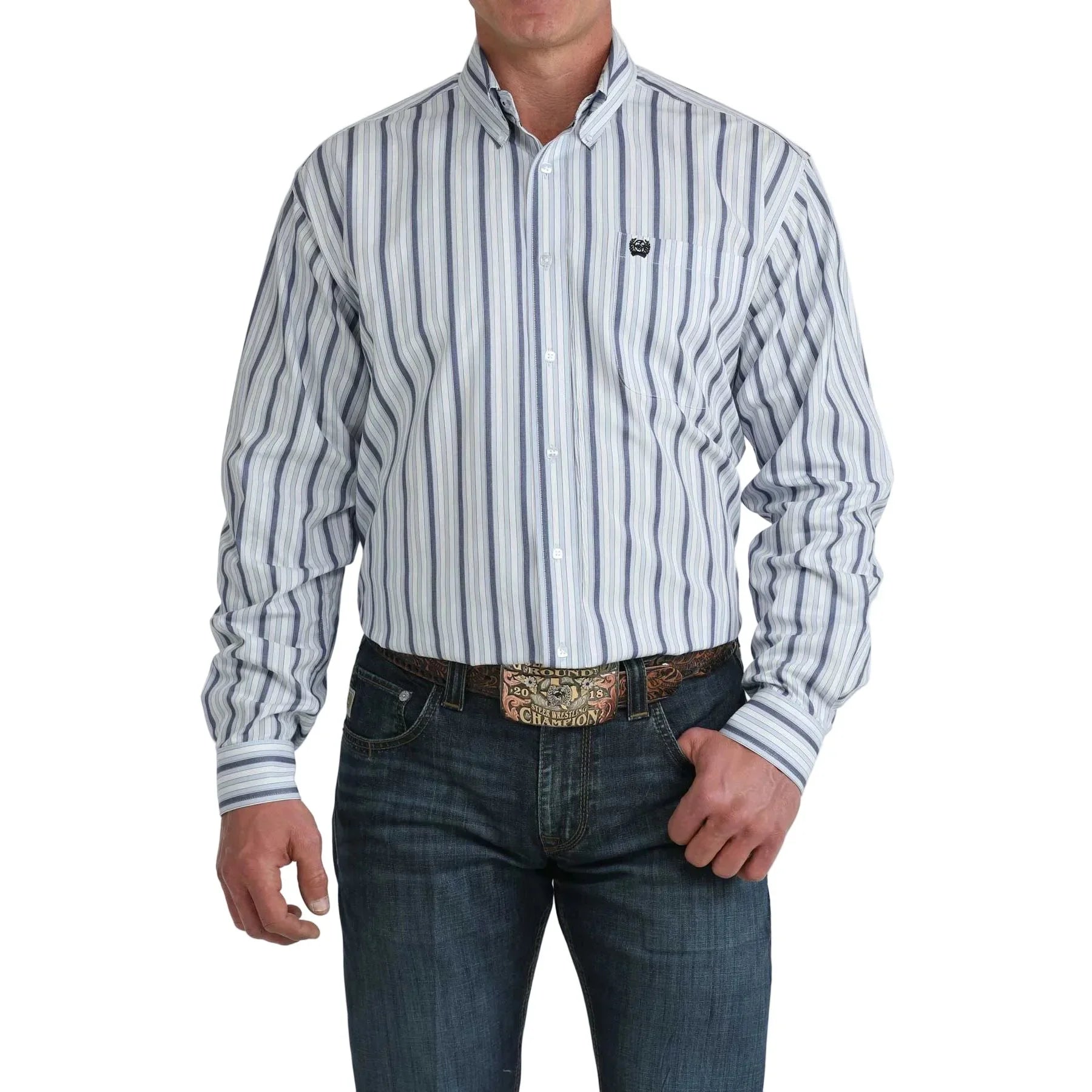 Men's Cinch White and Blue Striped Classic Fit Button Down Shirt MTW1106077