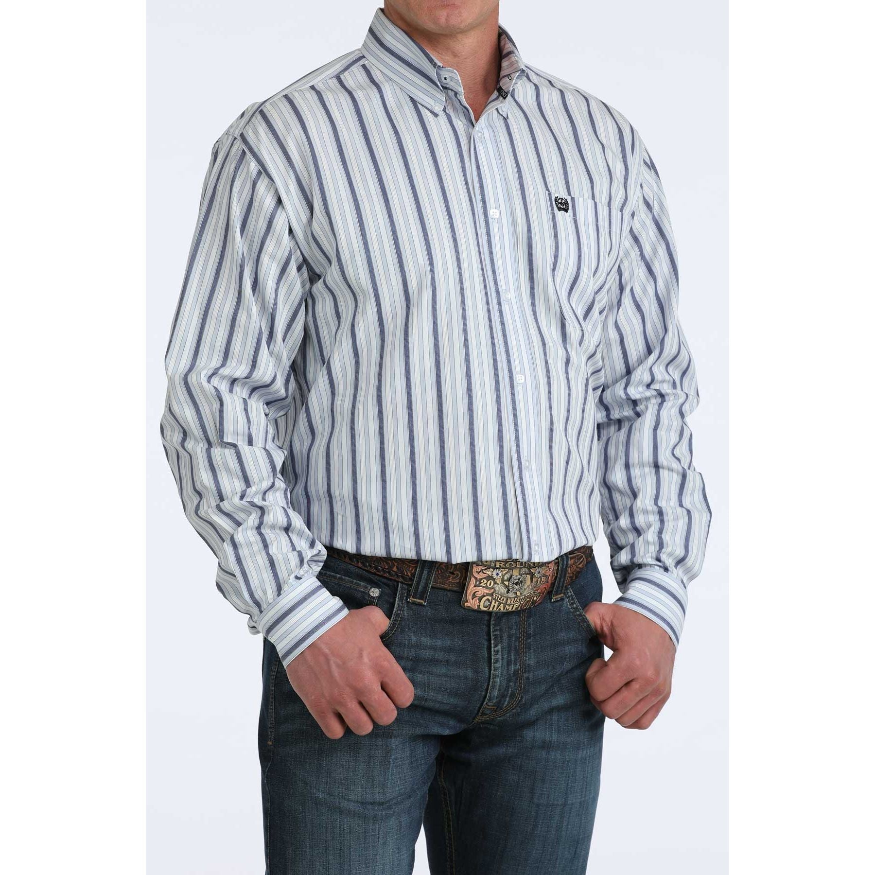 Men's Cinch White and Blue Striped Classic Fit Button Down Shirt MTW1106077