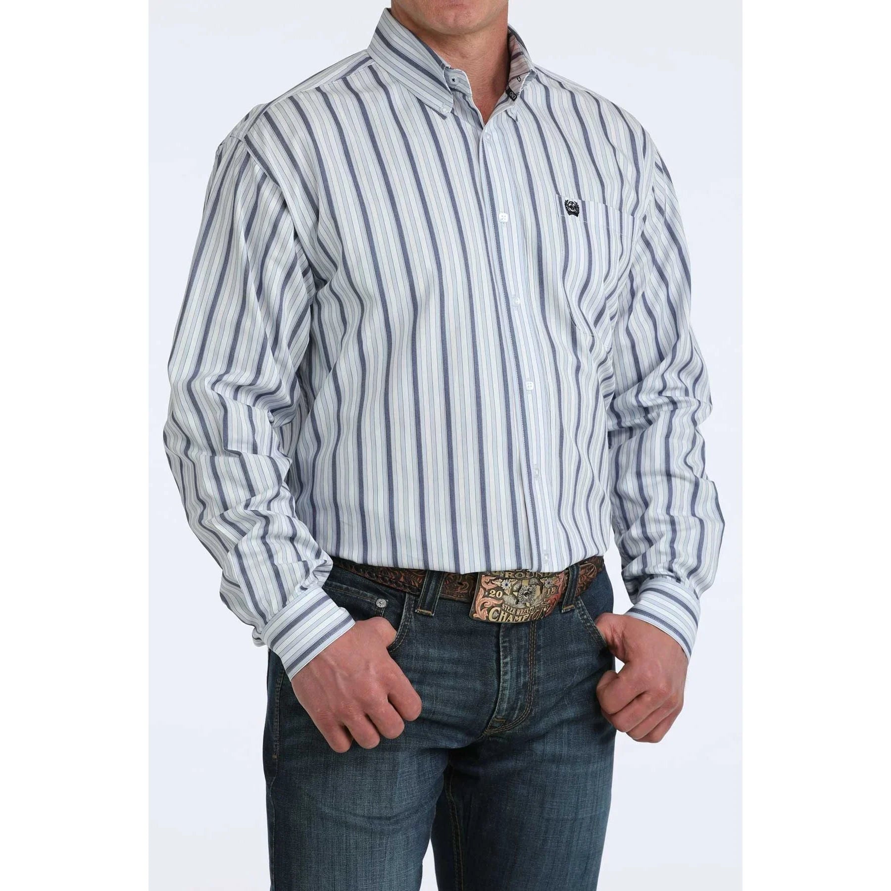 Men's Cinch White and Blue Striped Classic Fit Button Down Shirt MTW1106077